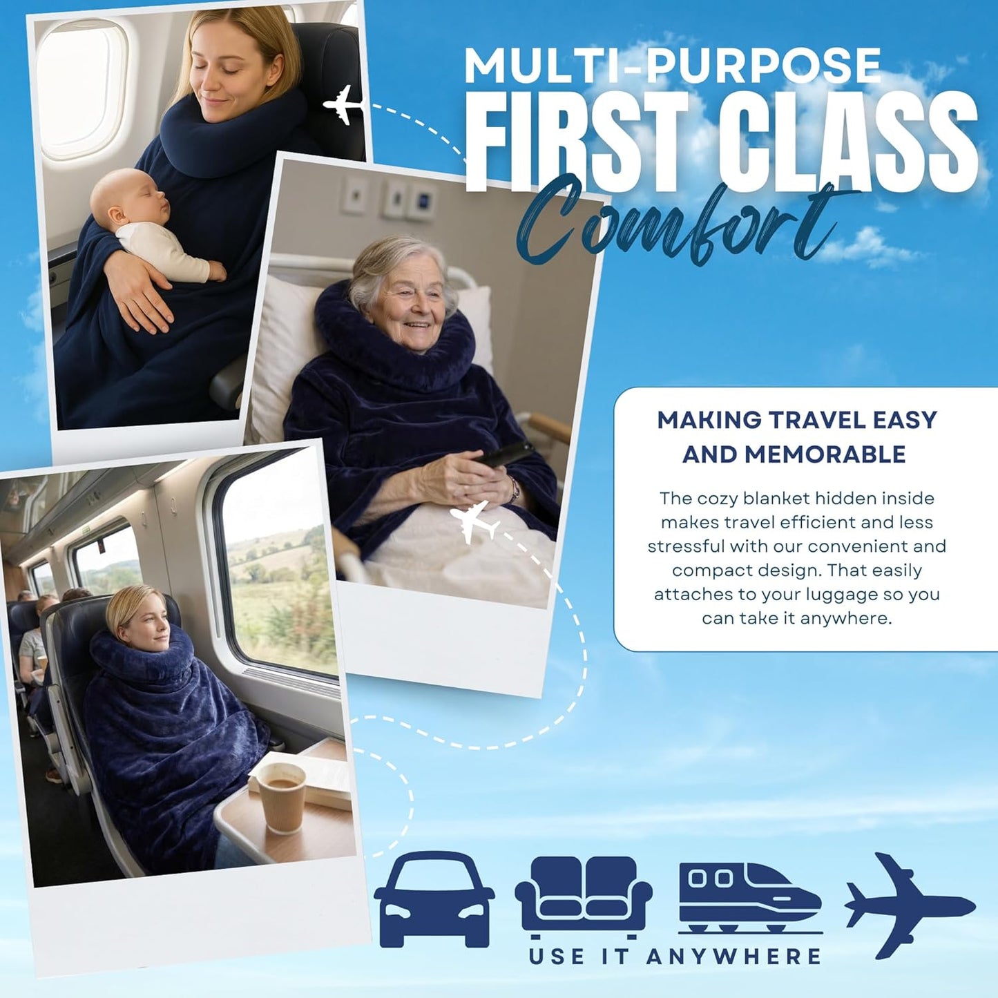 Travel Pillow with Built-In Blanket Memory Foam Neck Pillow for Airplane Travel, Flight Pillow with Blanket Portable Airplane Pillow for Adults Compact Travel Neck-Pillow for Plane, Car & Long Flights