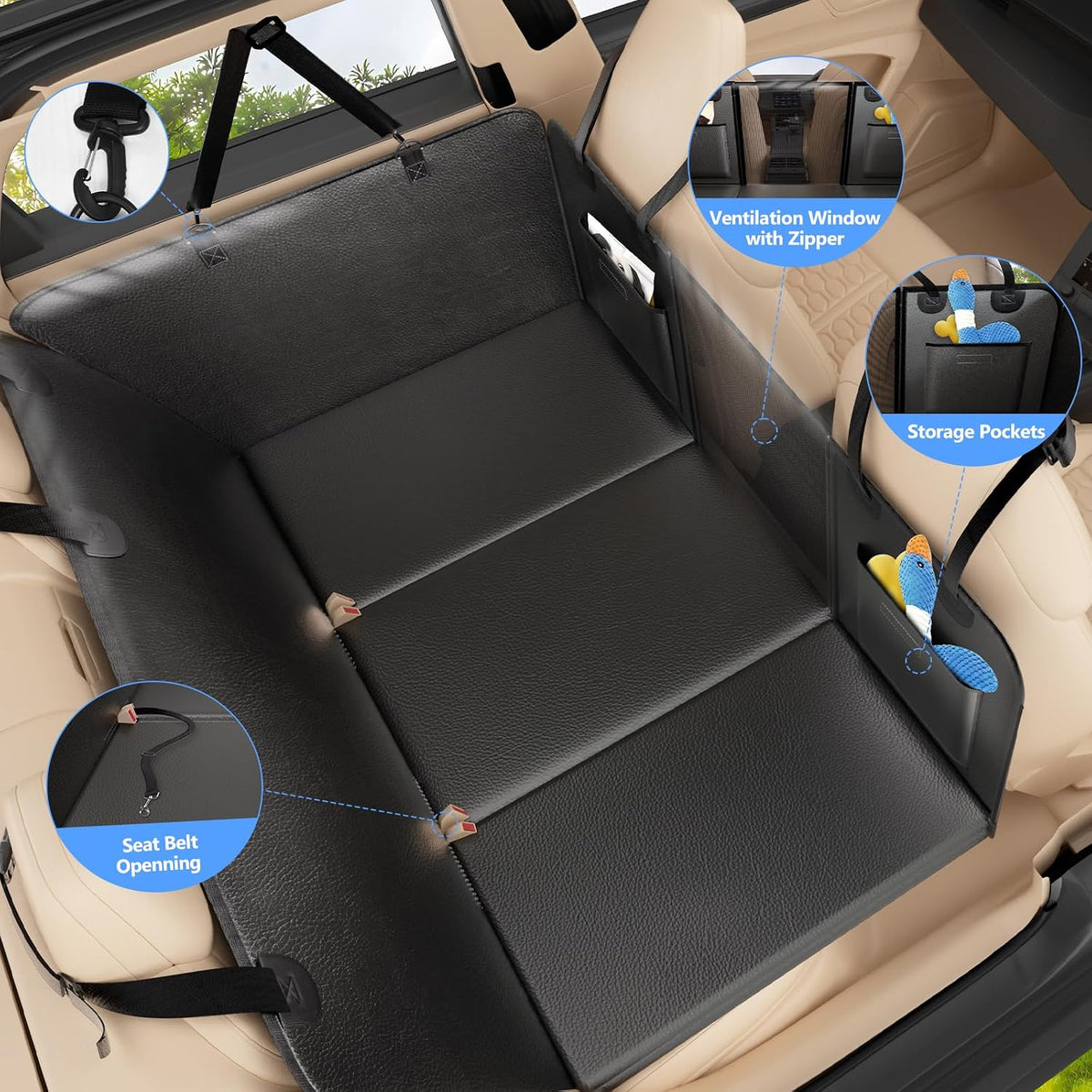 Dog Car Seat Cover for Back Seat, Hard Bottom, PU Leather Extender
