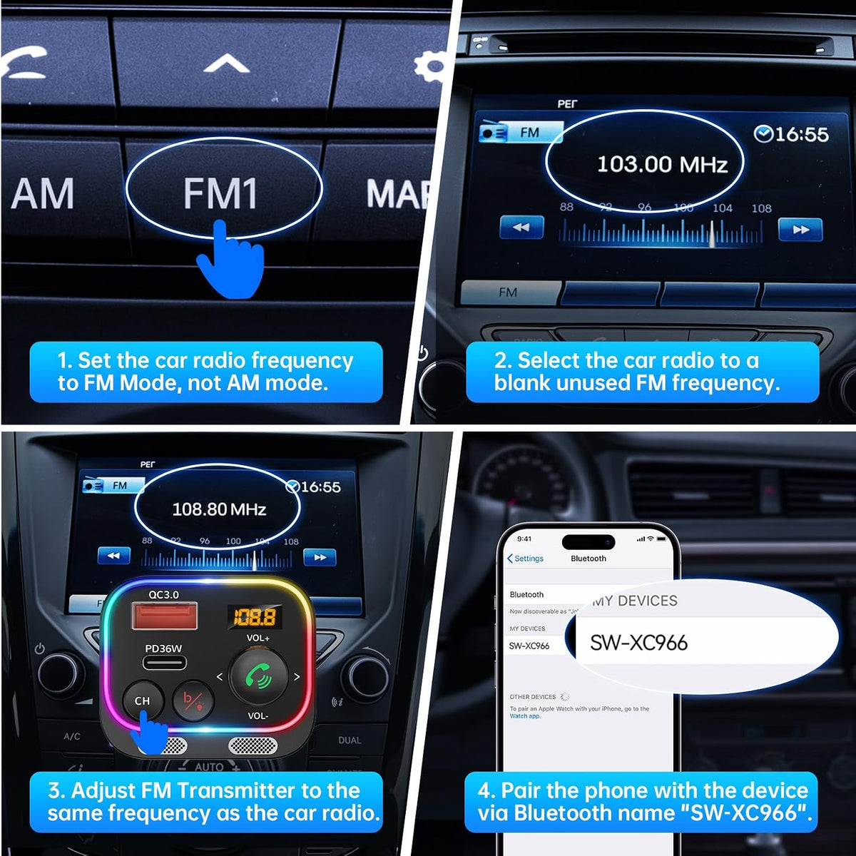 Syncwire Bluetooth 5.4 FM Transmitter Car Adapter 54W with Light Switch