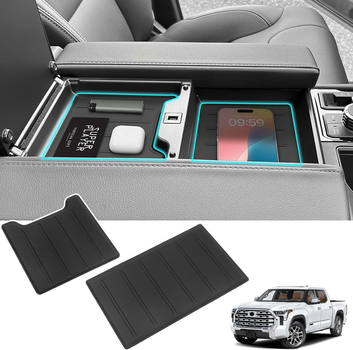 2PC Center Console Tray Liner Compatible with Toyota 2022-2026 Tundra (Only Fit SR,SR5,Limited) & 2023-2026 Sequoia Accessories Center Console Organizer Protective Pad