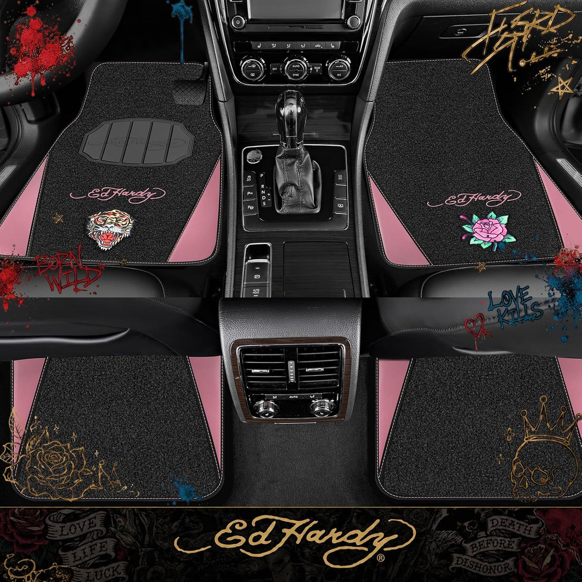 ED HARDY Tiger Print Car Floor Mats, Carpet Floor Mats with Pink Leather Design, Automotive Car Mats with Built-in Heel Pad & Anti-Slip Backing, Fits Most Cars, SUVs & Trucks, Durable & Odorless