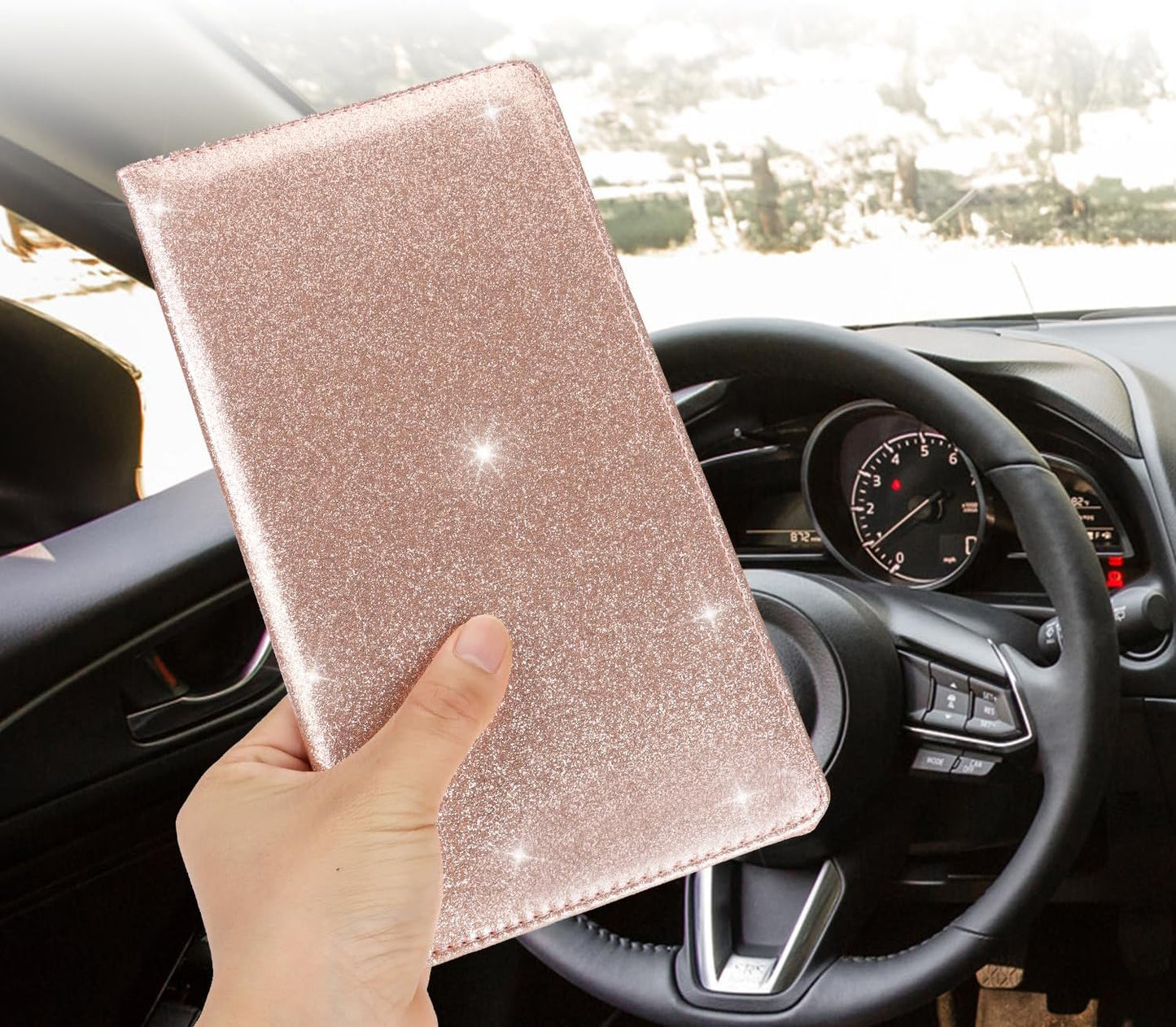 Cacturism Car Registration and Insurance Holder, Car Accessories Vehicle Glove Box Car Organizer Men Women Wallet Case with Magnetic Shut for Cards, Essential Document, Driver License, Bling Rose Gold