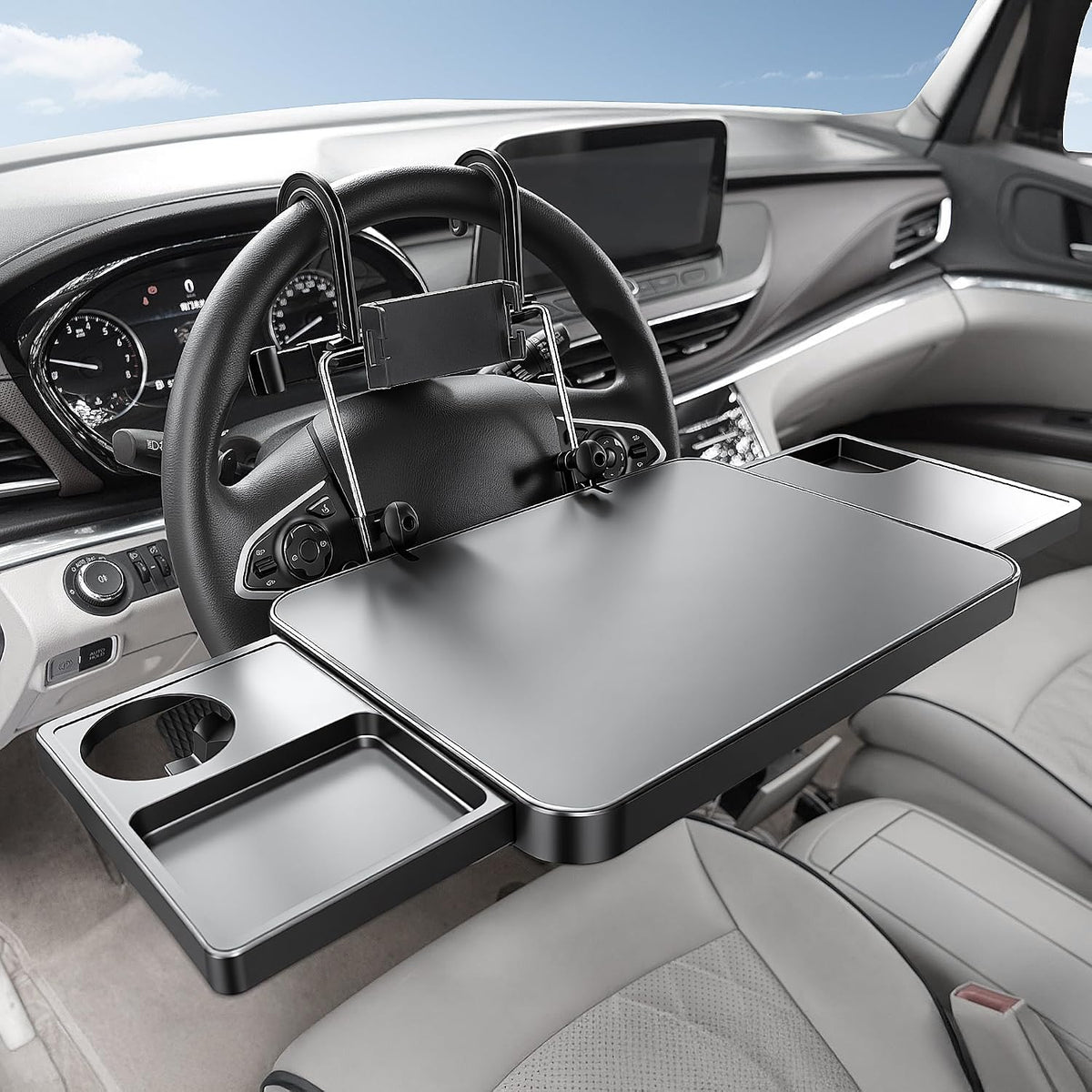 Large Car Steering Wheel Tray Back Seat Headrest Tray with Phone Holder, Steering Wheel Desk Food Table for Car Laptop Mount Steering Wheel for Large SUVs, Trucks & Vans,14"