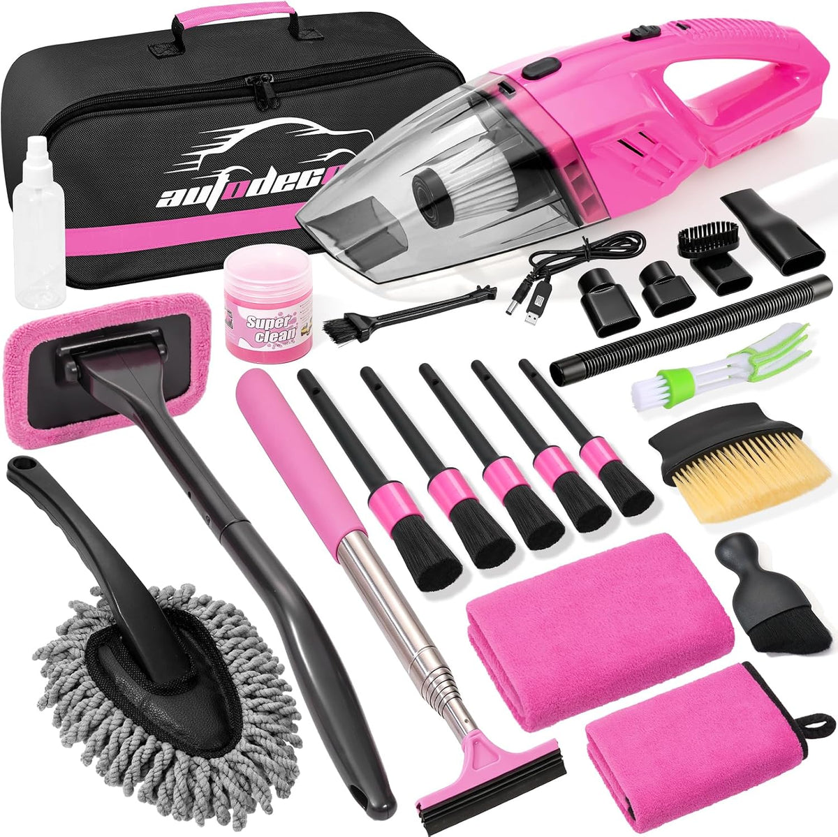 Car Cleaning Kit, Car Interior Detailing Kit with 12000PA Black Handheld Vacuum, Brush Set, Windshield Tool, Duster, Towels, Complete Car Care Tools for Women (Black)