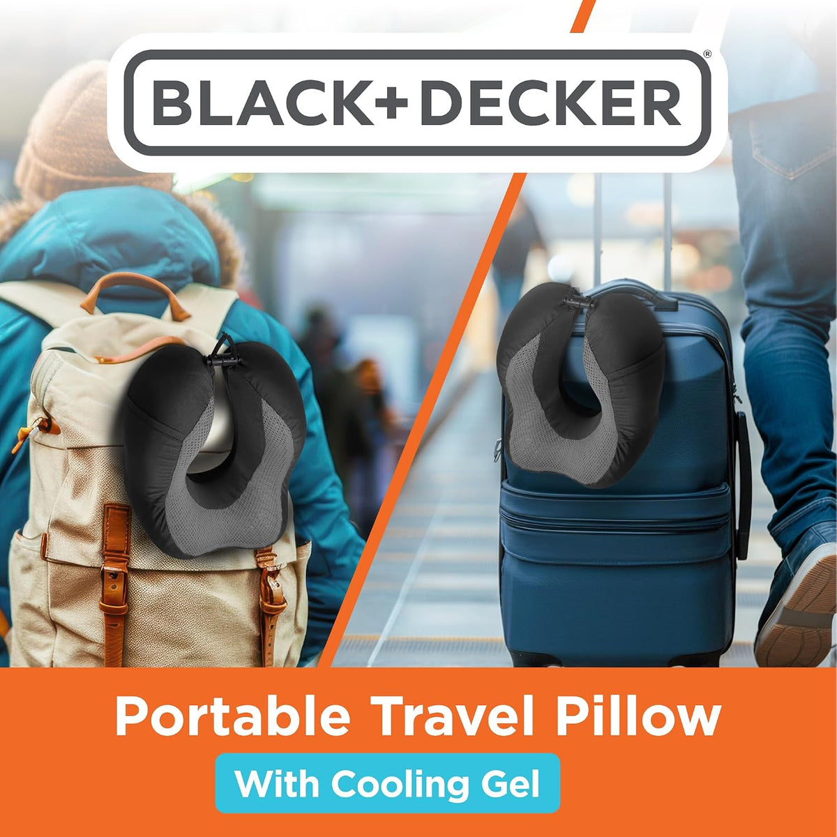 BLACK+DECKER Cooling Gel Memory Foam Neck Pillow – Travel Pillow for Plane, Car & Train – Ergonomic Neck Support, Slow Rebound Memory Foam, Washable Cover, Universal Fit, Black