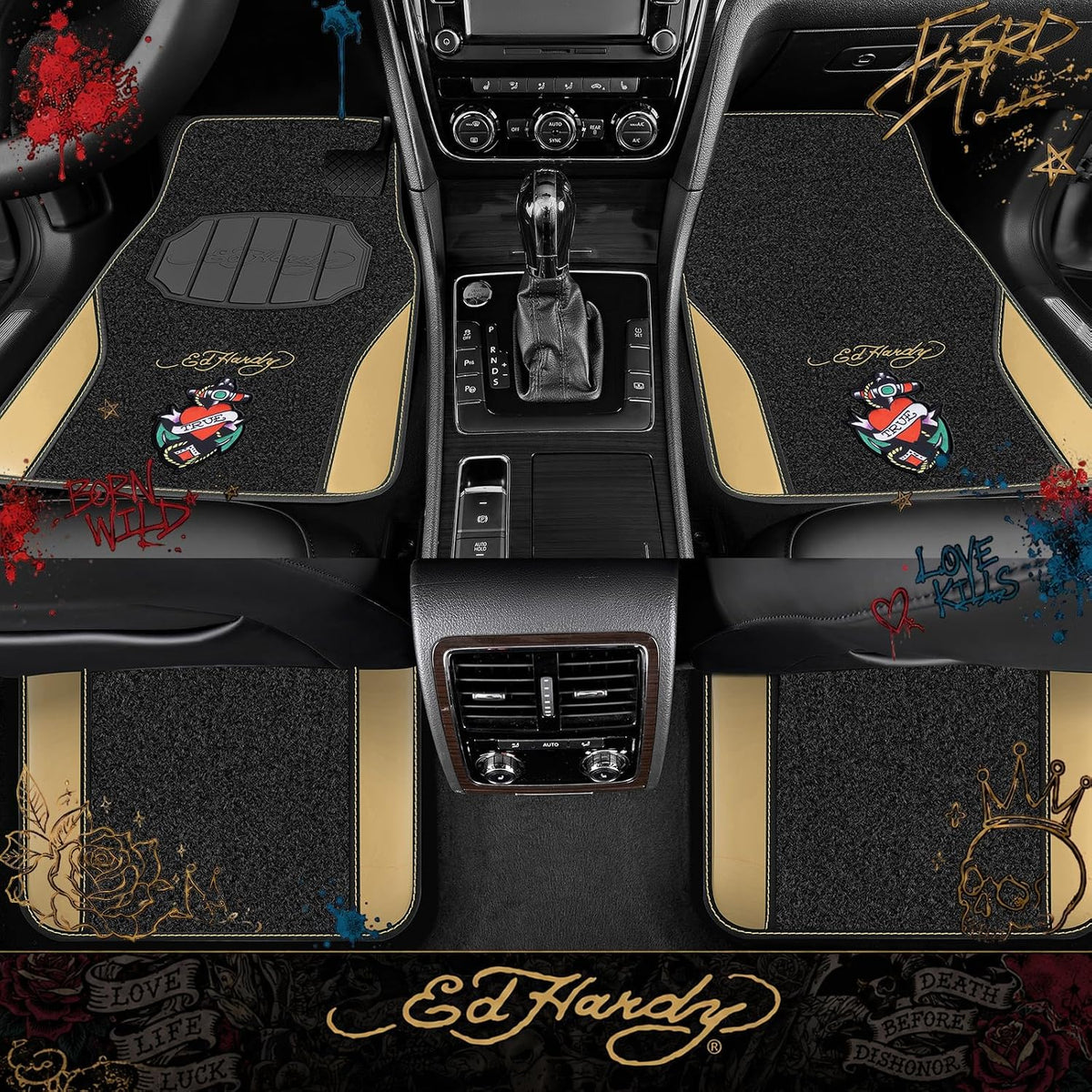 ED HARDY Heart Print Car Floor Mats, Carpet Floor Mats with Beige Leather Design, Automotive Car Mats with Built-in Heel Pad & Anti-Slip Backing, Fits Most Cars, SUVs & Trucks, Durable & Odorless