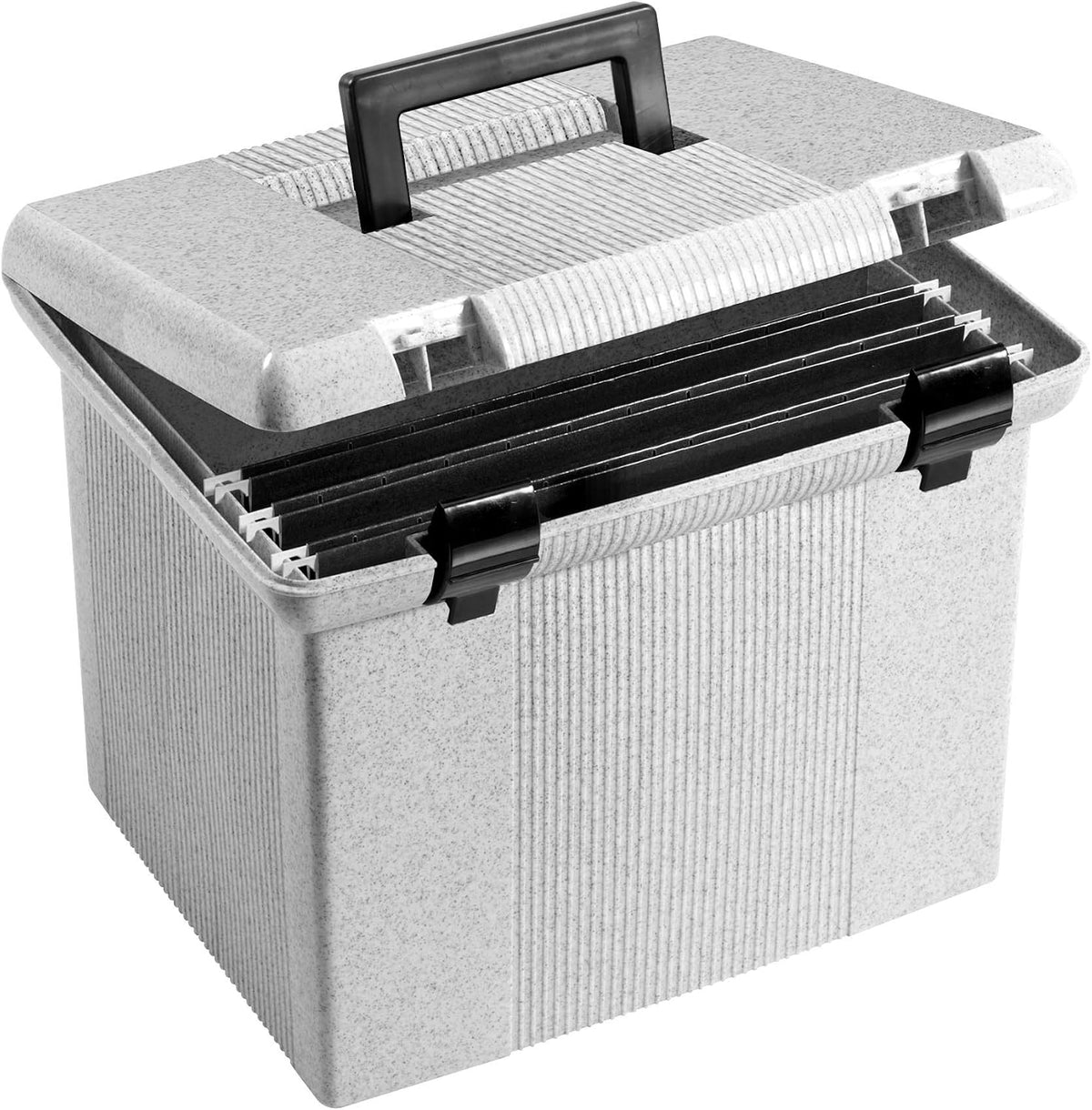 Pendaflex Portable File Box with File Rails, Hinged Lid with Double Latch Closure, Black, 3 Black Letter Size Hanging Folders Included (41732AMZ)