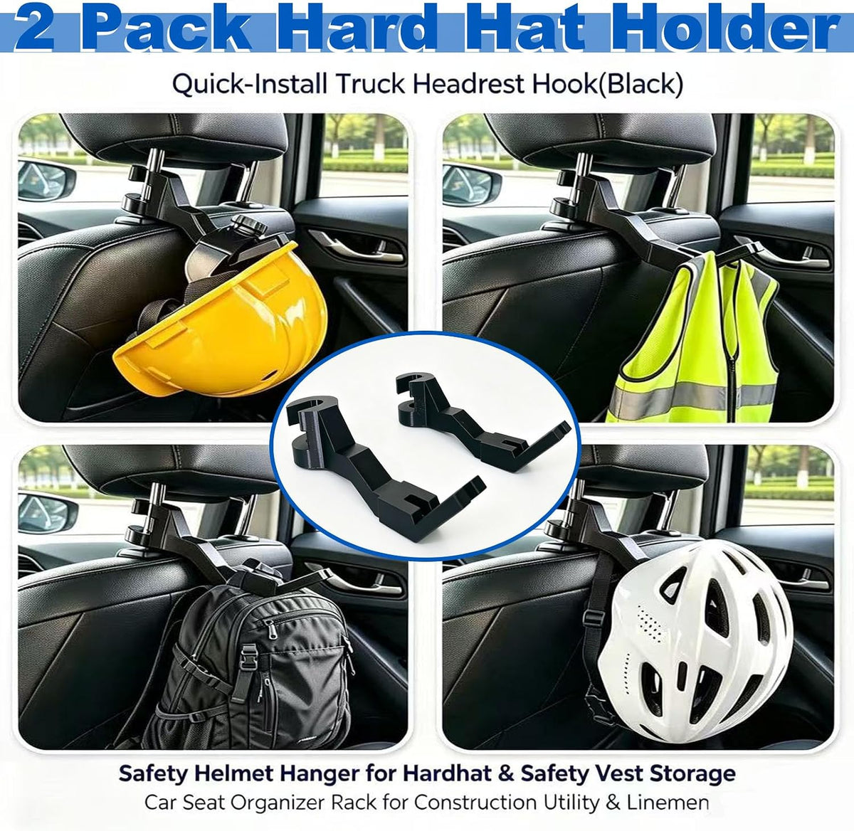 2 Pack Hard Hat Holder – Quick-Install Truck Headrest Hook(Black)