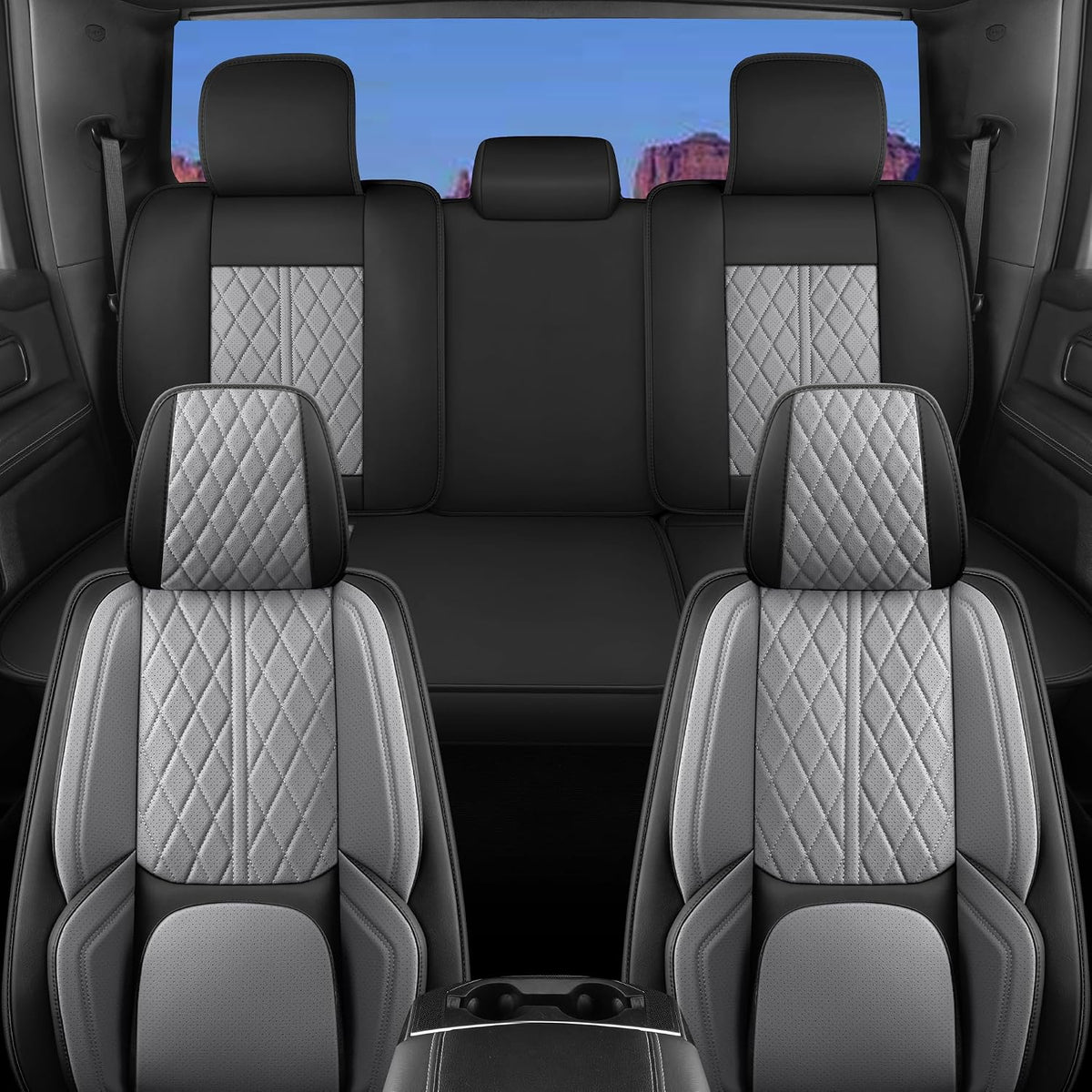 Car Seat Cover Custom Fit for Dodge Ram 1500 2500 3500 2002-2026 Faux Leather Seat Cover Set Compatible with Crew Quad Regular Cab Pickup Truck Cushions (Black & Grey, Full Set, Curved Rear)