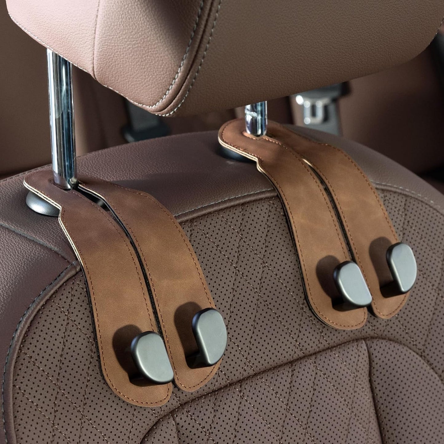 CoBak Purse Hook for Car - Universal Premium Stitched Leather and Aluminum-Magnesium Alloy Double Car Seat Back Storage Hook for Purses, Handbags, Bags (4 Pack),Black
