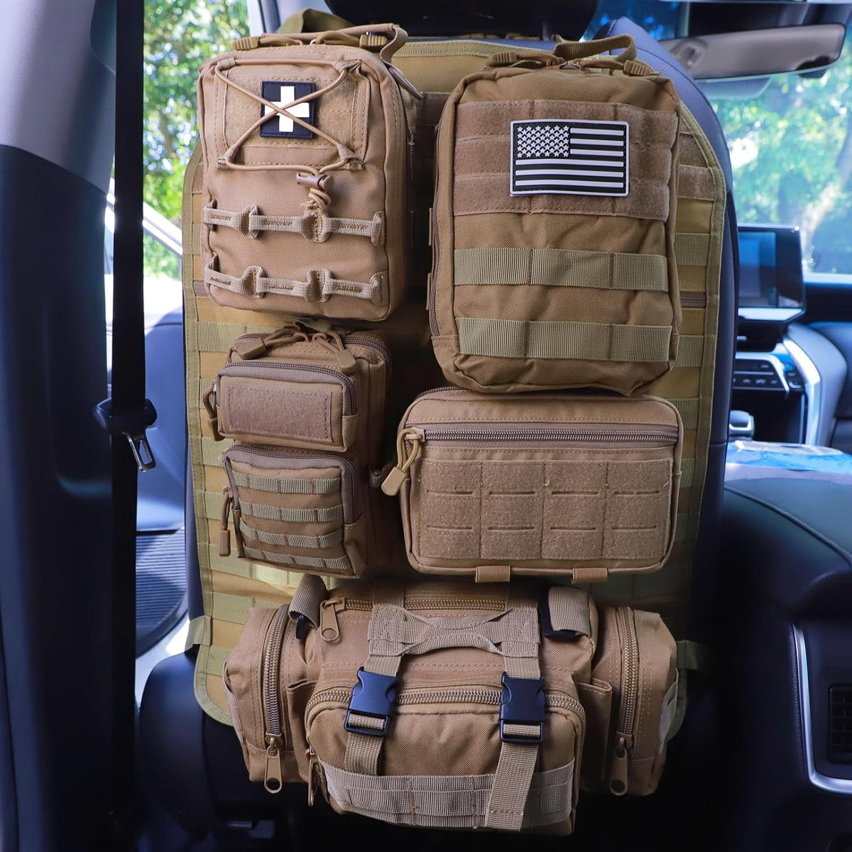 Universal Tactical Seat Back Organizer Vehicle Molle Panel Organizer Storage Bag with 5 Detachable Molle Pouch for All Vehicel Such as Jeep,Truck,SUV, Car, Ford,Chevy etc