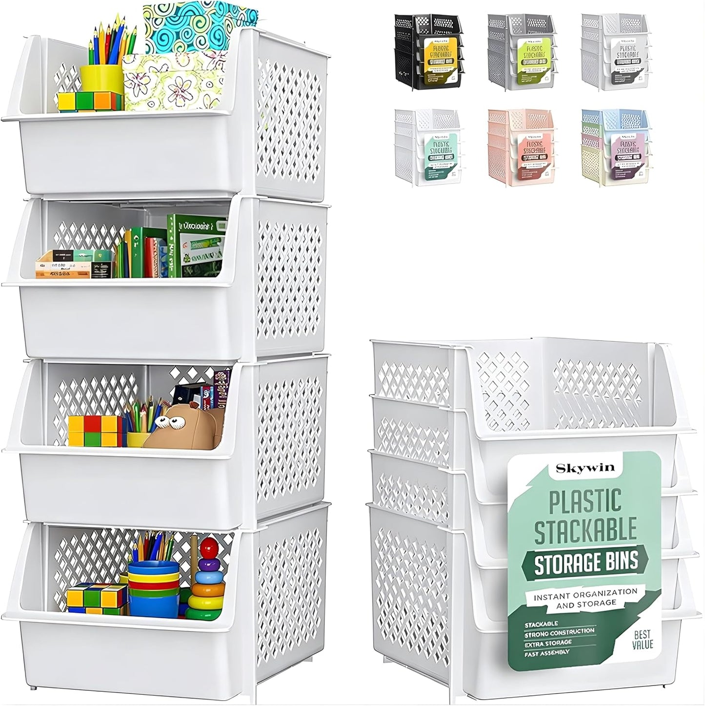 Skywin Stackable Storage Bins Open Front for Pantry Storage, 4 Pack - Multi | Sturdy Plastic, Easy Stacking, Open Front Access, Ventilated Sides, Vertical & Space Saving Pantry Organizers and Storage Bin
