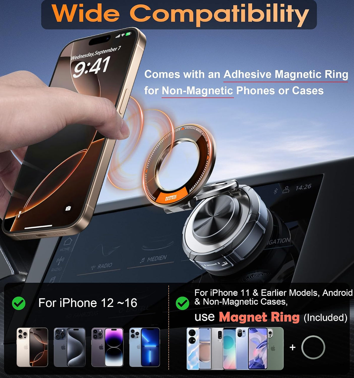 Suction Cup Car Phone Mount, 98 LBS Hold, 360° Zinc Alloy Stand for MagSafe