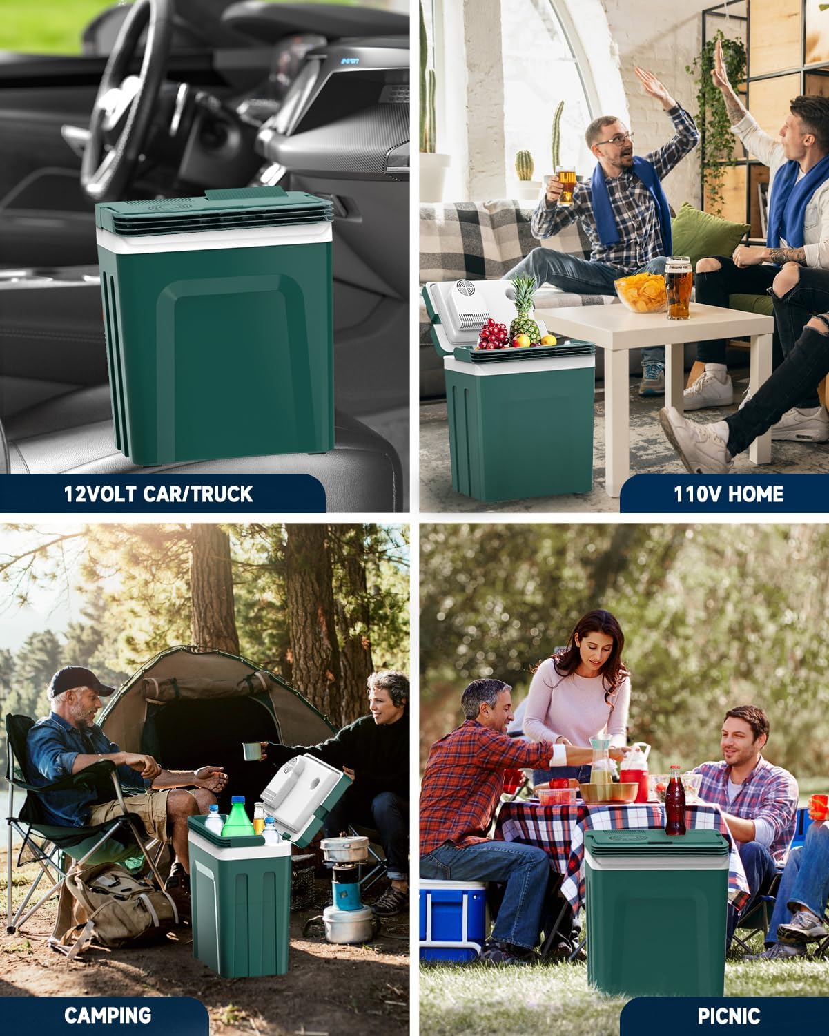 SubSun 27 Quart Electric Cooler and Warmer with Handle, Portable Thermoelectric Fridge, Car Fridge Cooler with 12V DC & 110 AC for Camping, Travel & Picnics, Green