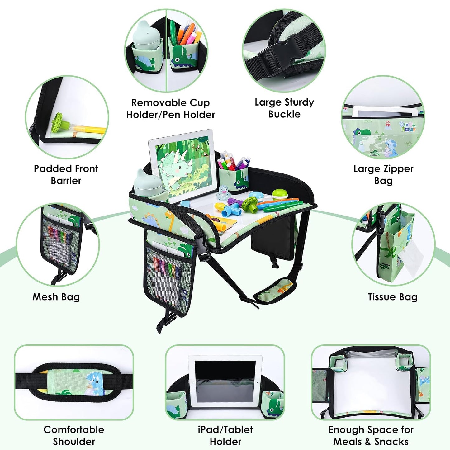 Kids Travel Tray, Kids Travel Trays for Car Seat, Road Trip Essentials for Toddler, Carseat Lap Tray with Dry Erase Board & Storage Organizer for Road Trip Activities for Kid, Green