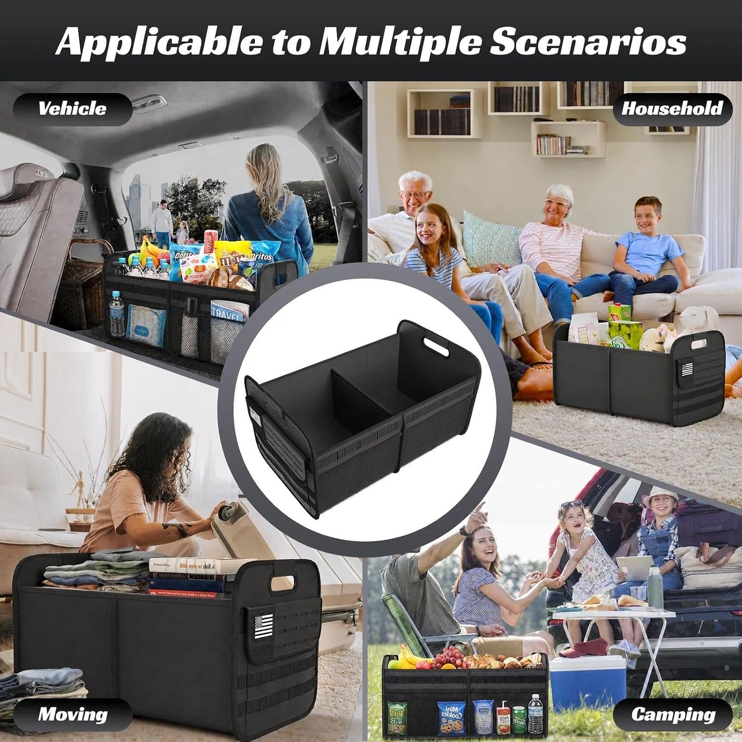 Sposuit Car Trunk Organizer for SUV - 70L Collapsible Tactical MOLLE Car Storage with Reinforced Handles & Multiple Pockets, Sturdy Trunk Organizers for Groceries, Tools & Outdoor Storage (Black)