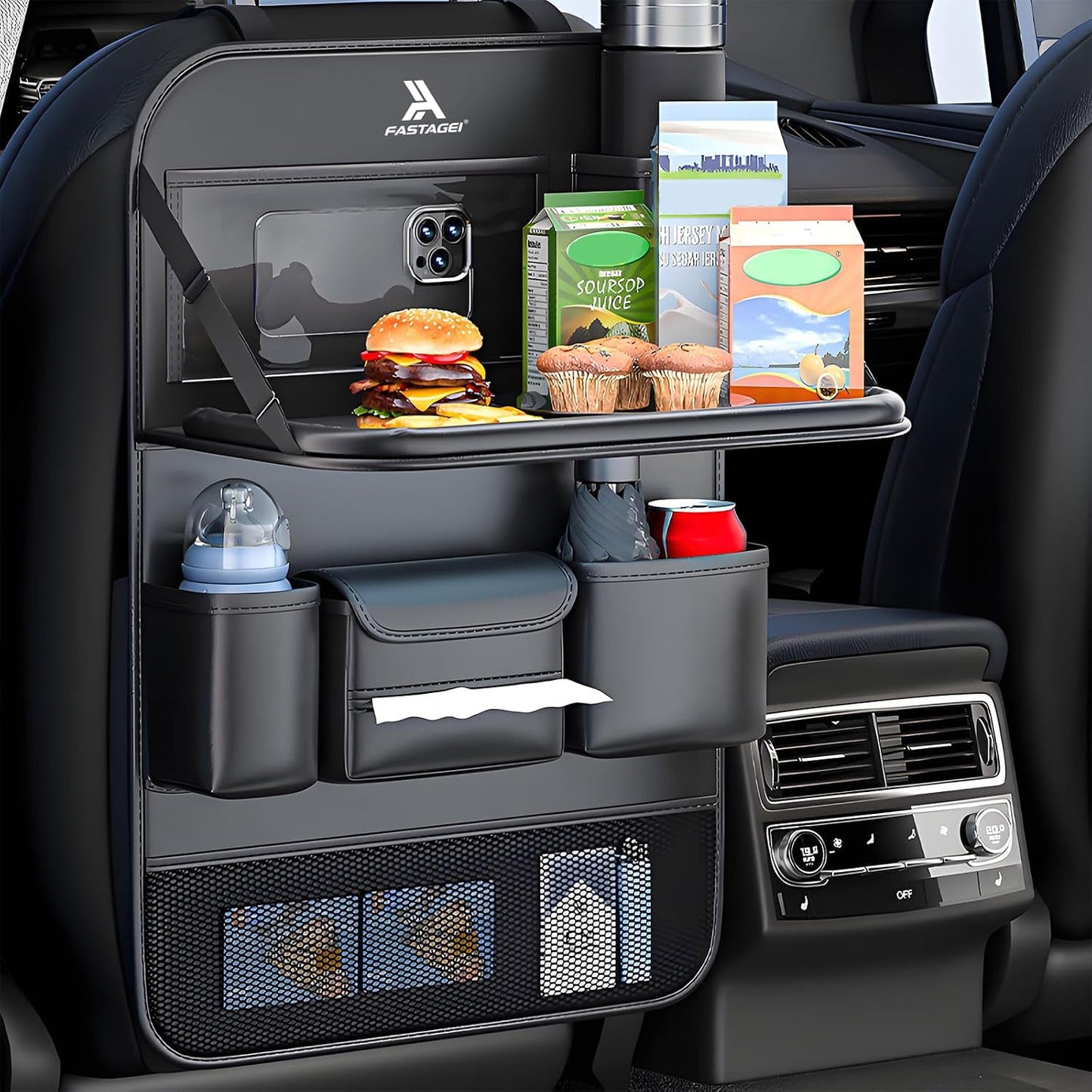 2 Pack Universal Foldable Car Backseat Organizer with Table Tray, Car Seat Back Protector with Touch Screen Phone Holder, Premium Leather Kick Mats with Storage Pockets Tissue Holder (Beige)