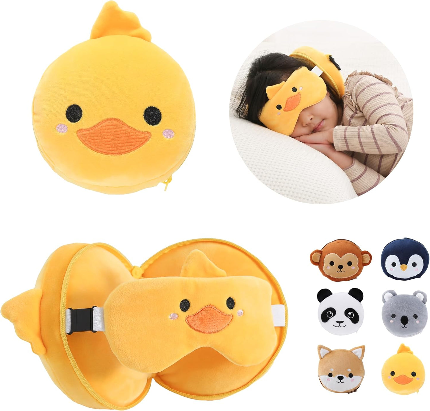 ecoZen Lifestyle Travel Pillow Set with Eye Mask - Comfort for Traveling Kids - Soft and Supportive Kids Sleep Mask Neck Pillow for Plane, Car, or Train Journeys - Monkey Design
