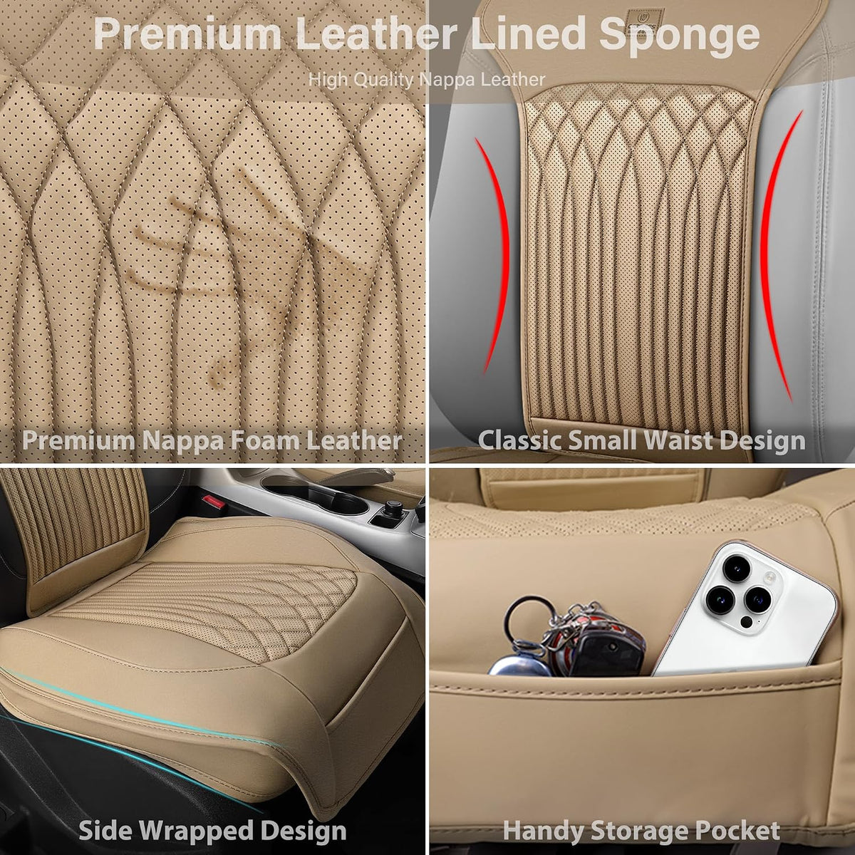 CAR PASS Car Seat Protector, 2 Pack Sideless Nappa Leather Seat Covers for Cars, All Season Waterproof Breathable Front Seats Cushion with Storage Pocket Universal Fit Vehicle Car SUV Truck, All Beige