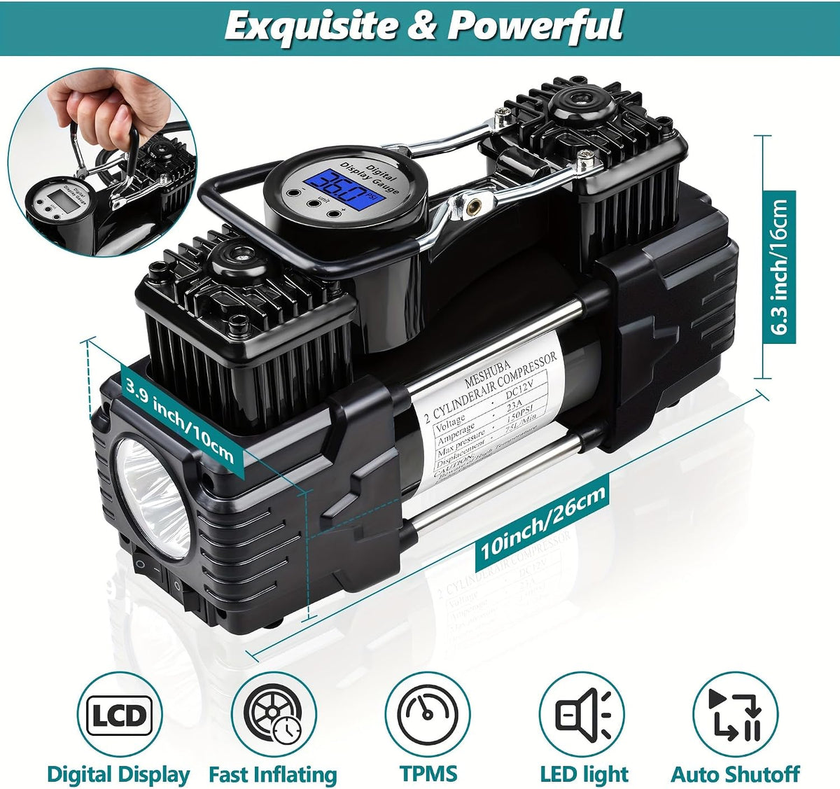 12V Dual Cylinder Tire Inflator with Digital Gauge Repair Tool Kit
