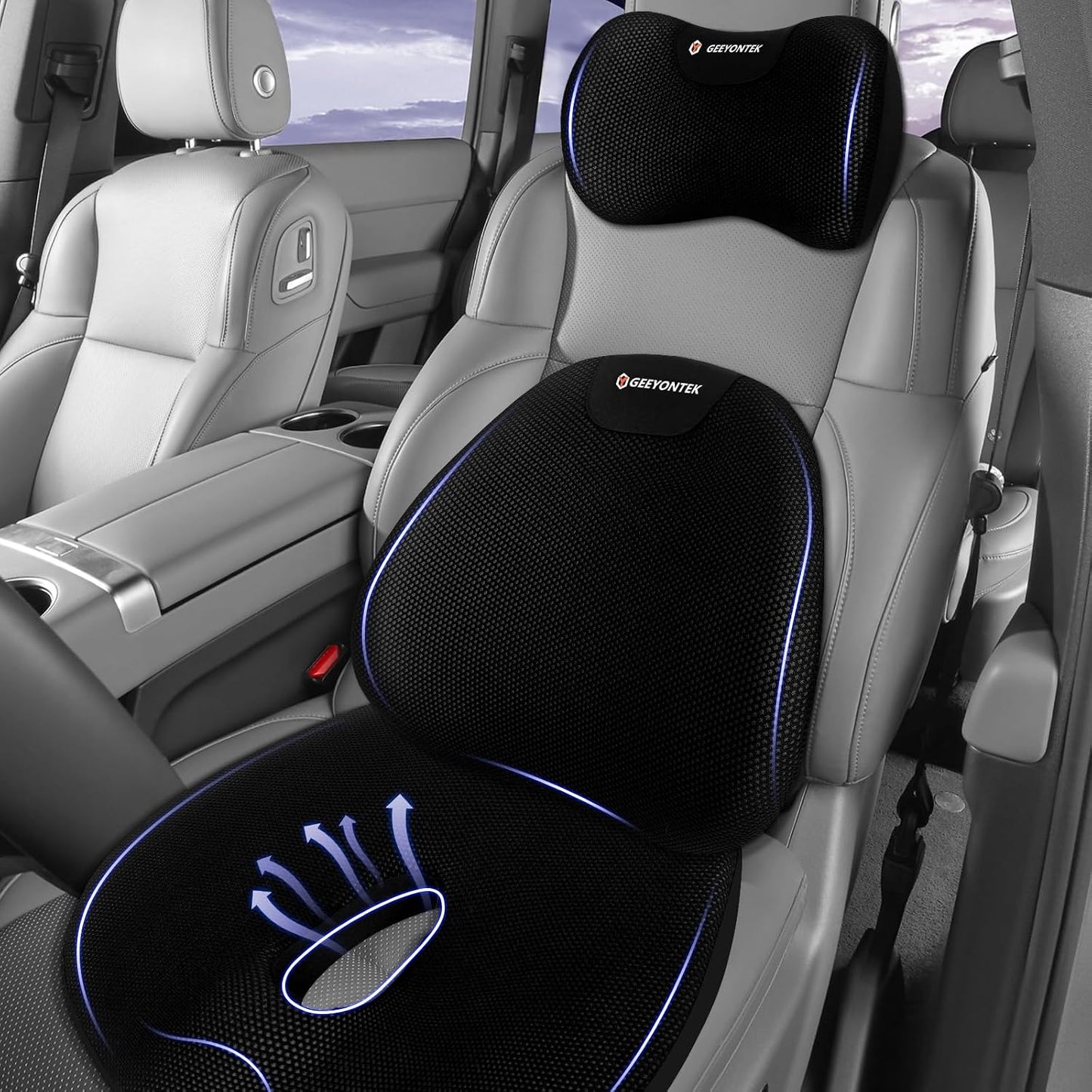 Car Seat Cushion with Neck Pillow & Lumbar Support Back Sciatica Tailbone Pain Relief Car Pillows Ergonomic Memory Foam Back Support for Driving Seat Office Chair Wheelchair 3 Pcs Beige
