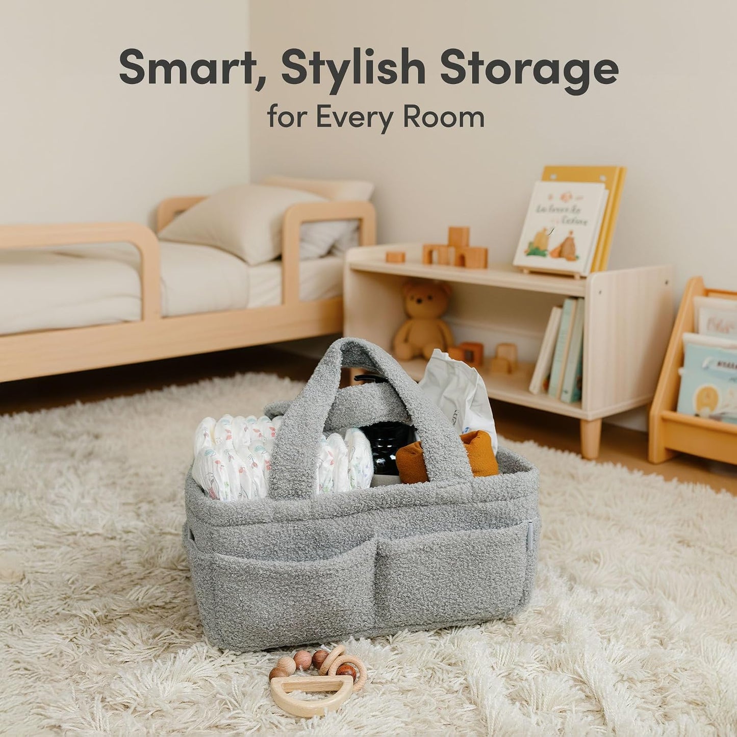PUTSKA Baby Diaper Caddy Organizer for Changing Table – Stylish Nursery Storage Basket, Newborn Essentials, Baby Shower Gifts and Registry Must-Haves for Boy or Girl, Car Diaper Caddy, Fleece Grey