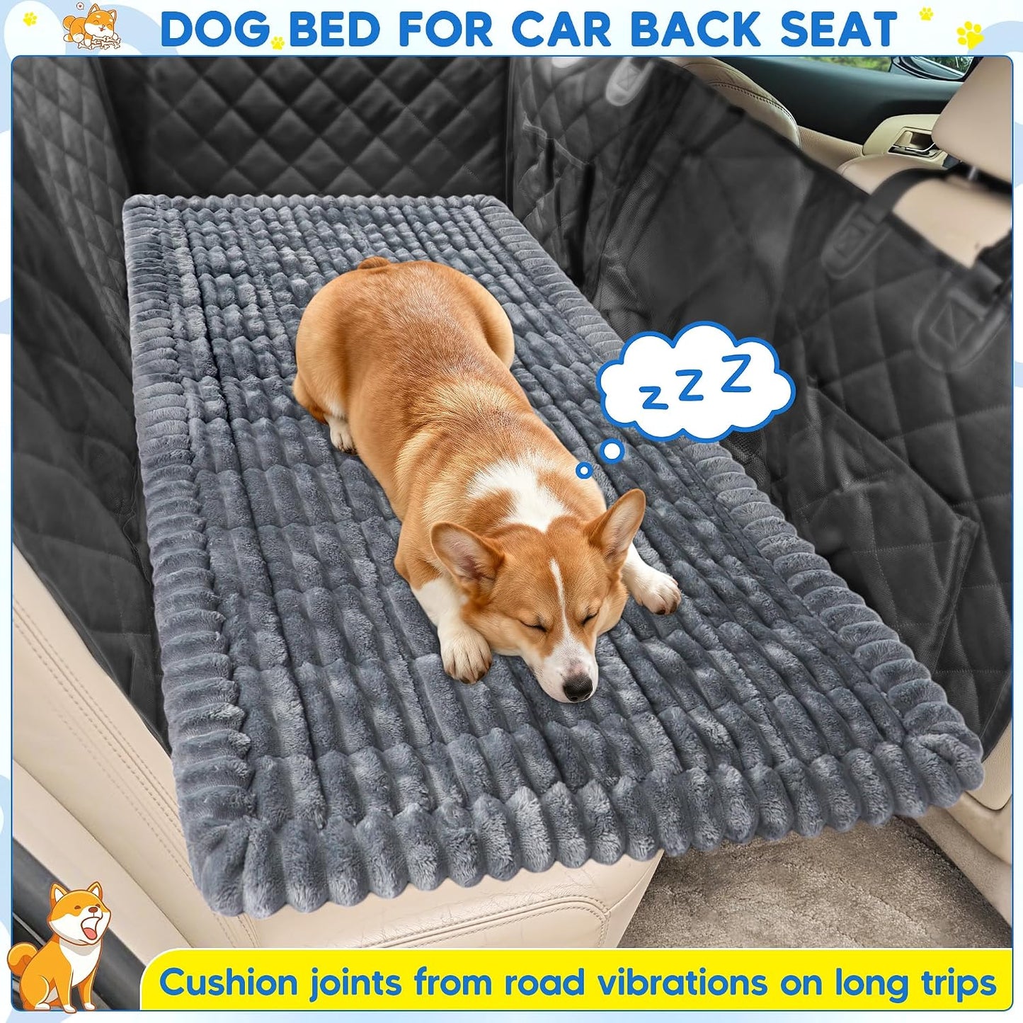 Loiion Dog Car Bed, Non-Slip Backseat Dog Bed Mat with Plush Flannel, Pet Travel Cushion for Car SUV Truck, Machine Washable Dog Seat Protector (50" L×24.6" W) Gray