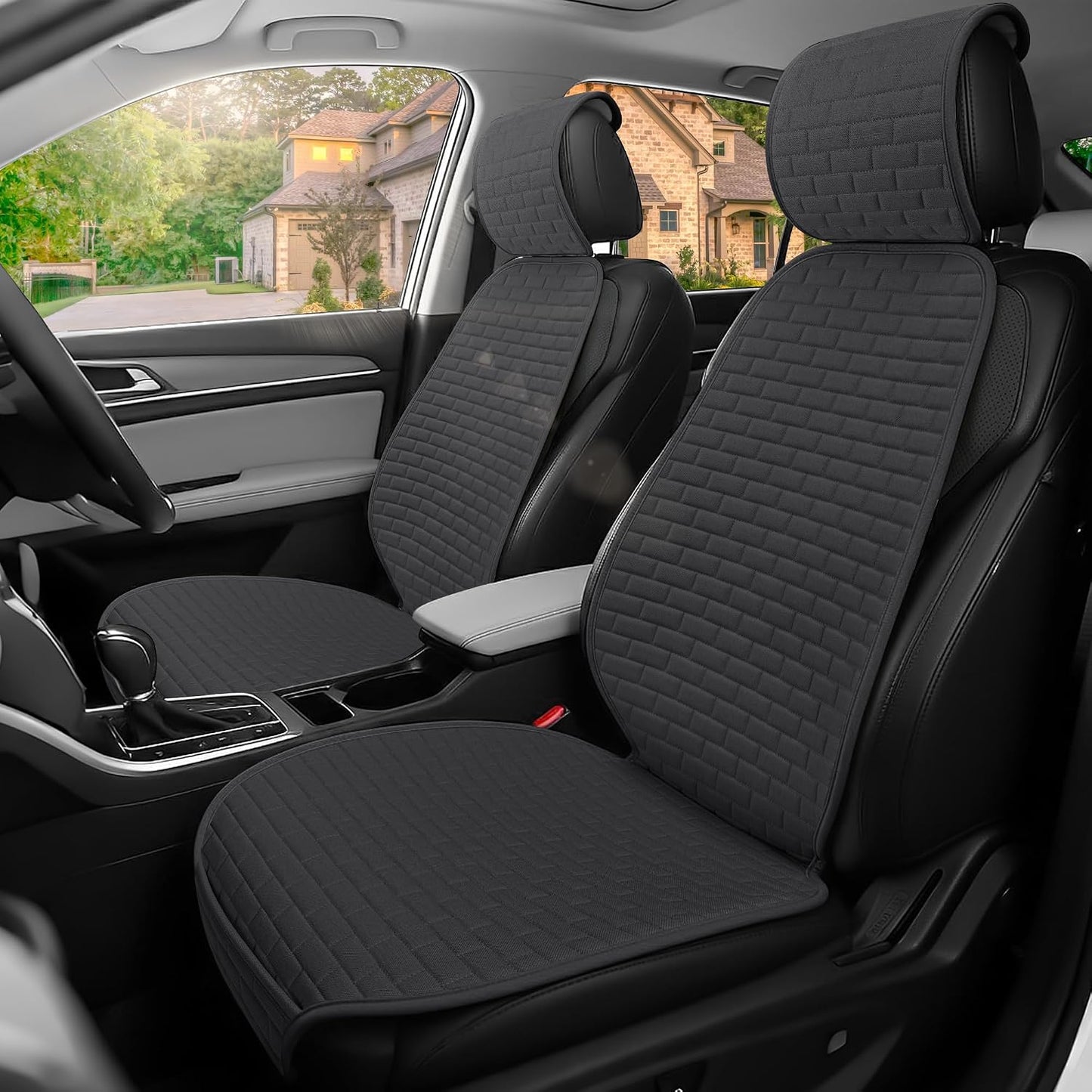Linen Car Seat Covers Front Seat Covers - 2 PCS Durable & Non-Slip Breathable Cloth Fabric Car Seat Protector, Universal Fit for Most Automotive, Vans, SUVs, Trucks - Black
