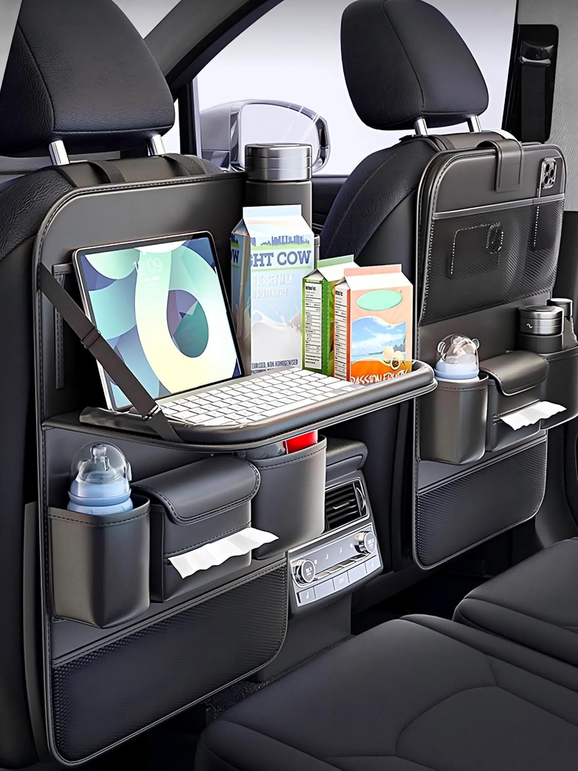 Car Backseat Organizer with Tray – Back of Car Seat Organizer & Storage Caddy, Sturdy Back Seat Organizer with Touch Screen for Tablet, Snacks, Drinks, Tissues... | Waterproof, Universal Fit | 1 Pack
