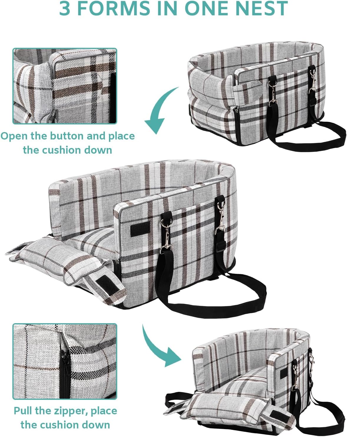 Prpeko Small Dog Car Seat, Portable Dog Seat with Soft Washable Cushion,Center Console Dog Car Seat for Small Dogs Up to 13lbs(Grid Grey)