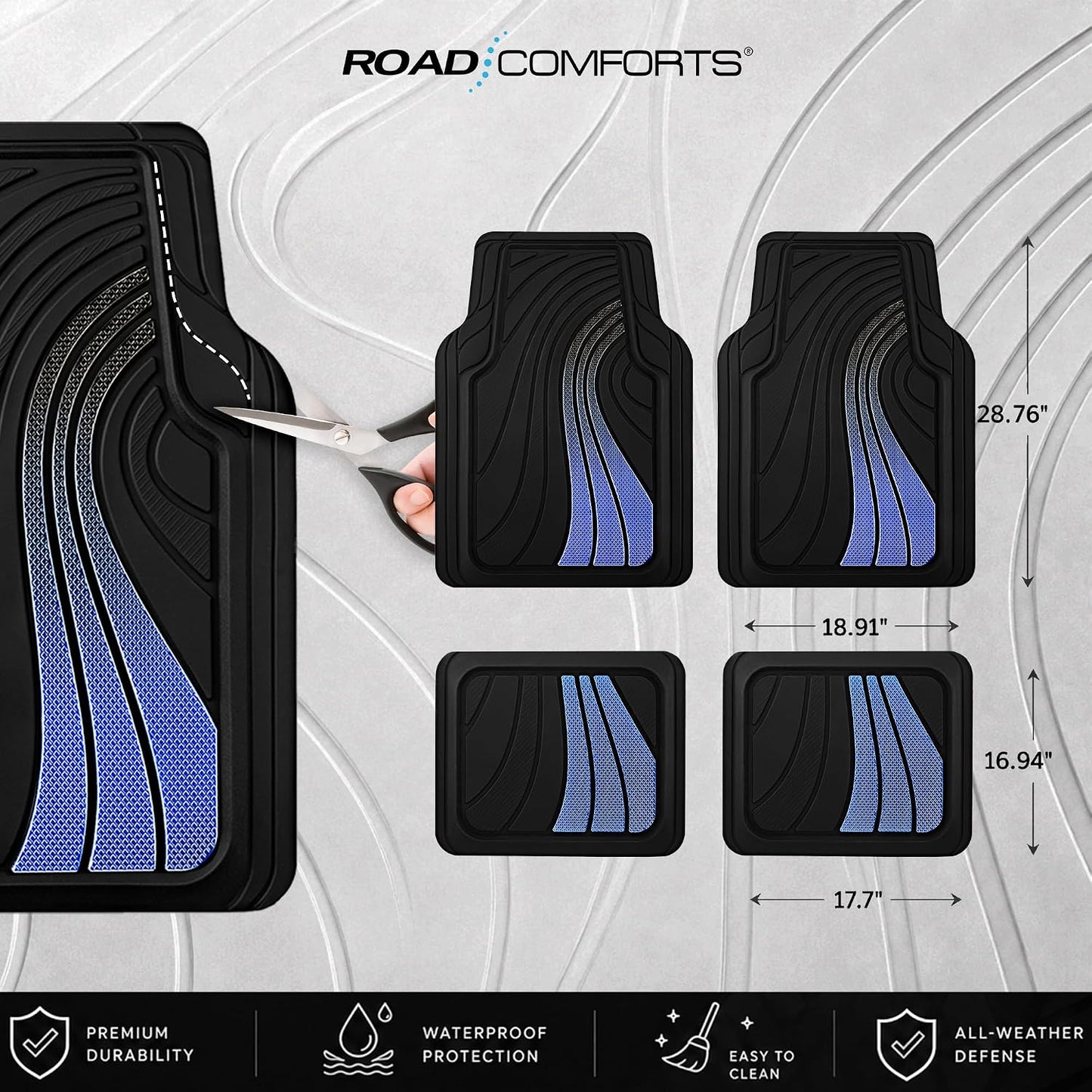 Road Comforts Car Floor Mats Full Set – Front & Rear Car Floor Mats with Aluminum Design, Anti-Slip Backing, All-Weather Protection, Trim-to-Fit Car Mats for Most Sedans, SUVs & Vans - - Blue