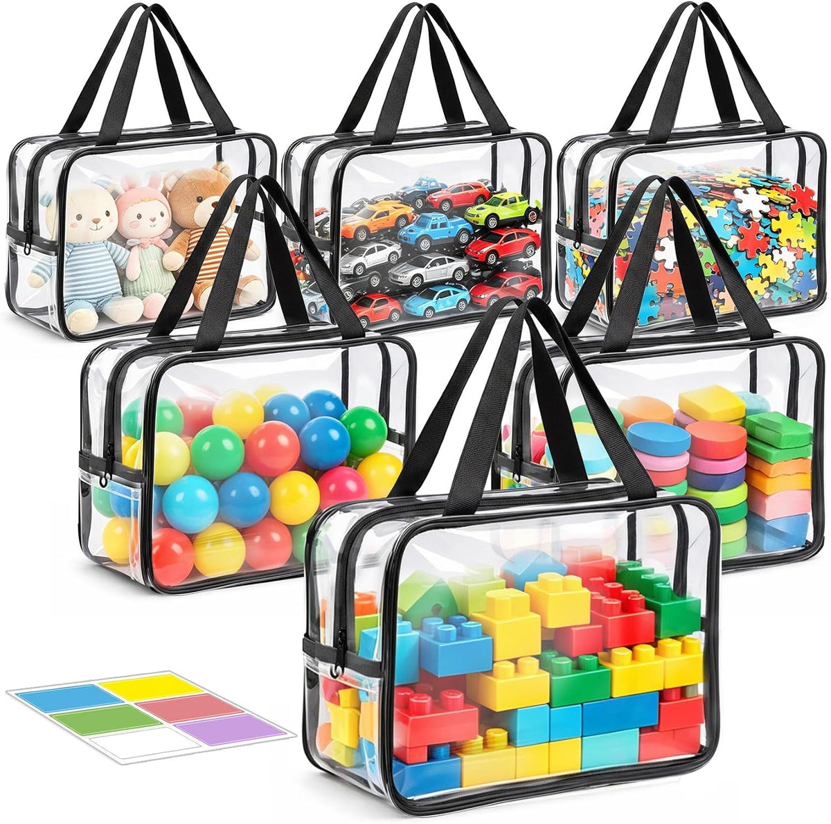 6 Packs Large Toy Storage Bags, Reusable Clear PVC Storage Bags with Zipper, Travel Waterproof Organizer Bags for Puzzles, Building Blocks,Board Game, Kids Books, Stationery(Colorful)