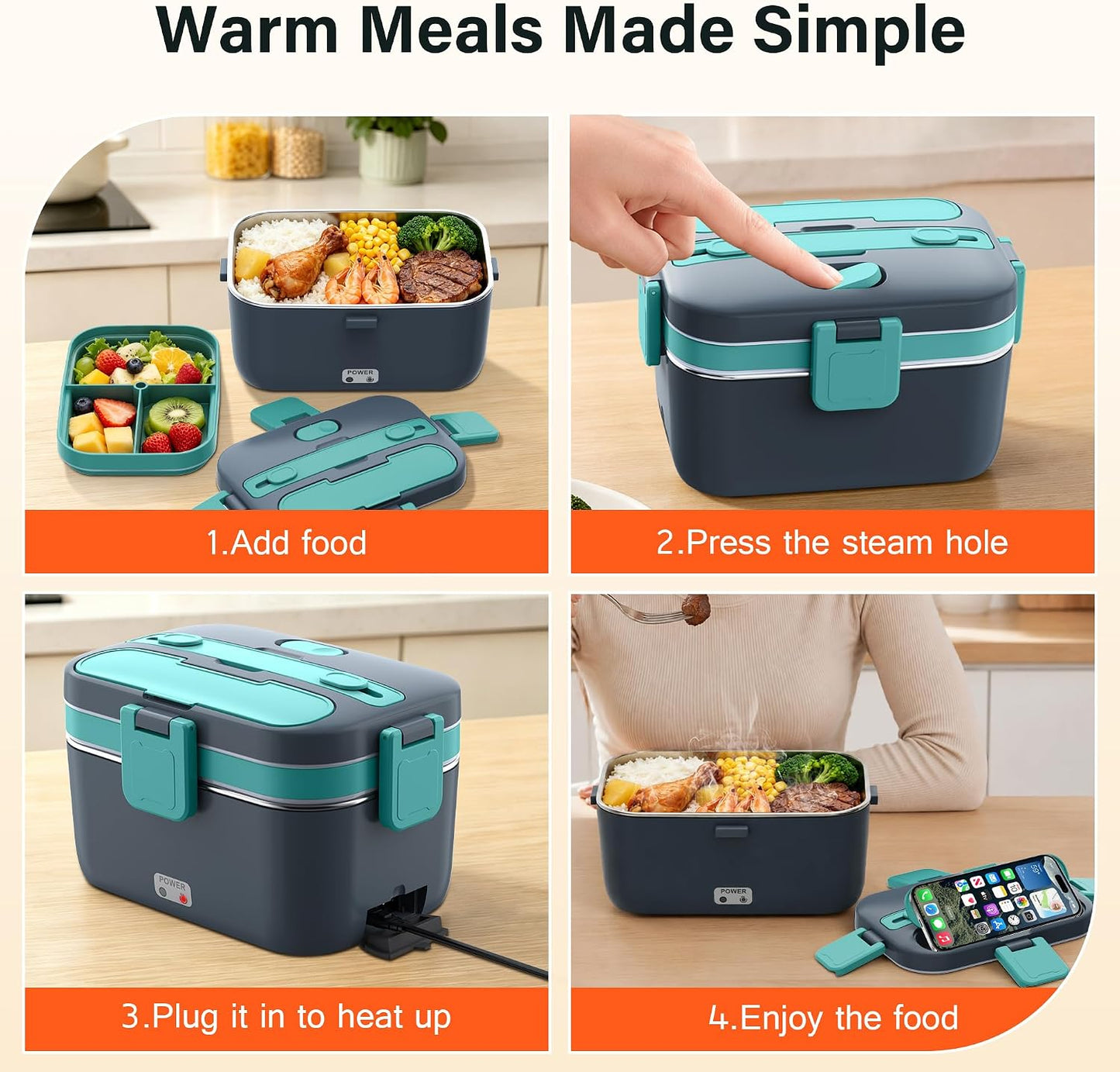 2.8L Electric Heated Lunch Box - 100W Portable Food Warmer for Adults, Leak-Proof & Dishwasher-Safe, Ideal for Car, Truck, Travel, Work, Gift for Men & Women
