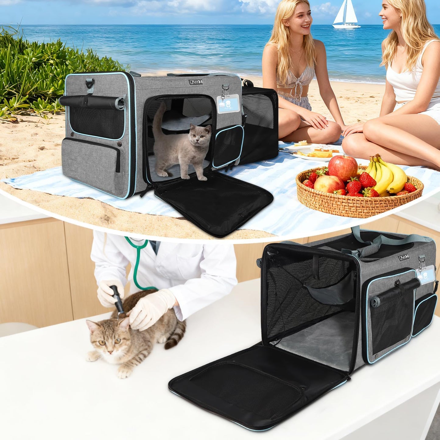 Petskd Side Expandable Extra Large Cat Car Carrier with Collapsible Litter Box for Long Distance Travel,24"x17"x17" Portable Soft Sided Pet Carrier with Roller Shades for 2 Cats Up to 55LBS(Grey)