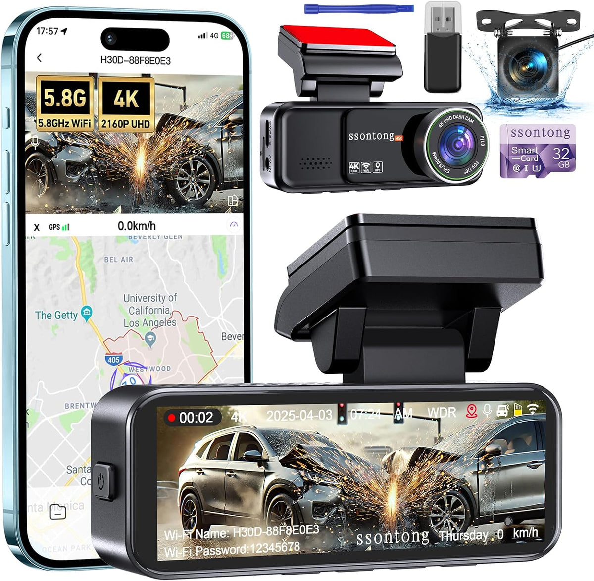 Dash Cam Front and Rear, 4K WiFi App Control with 64GB Card USB Powered