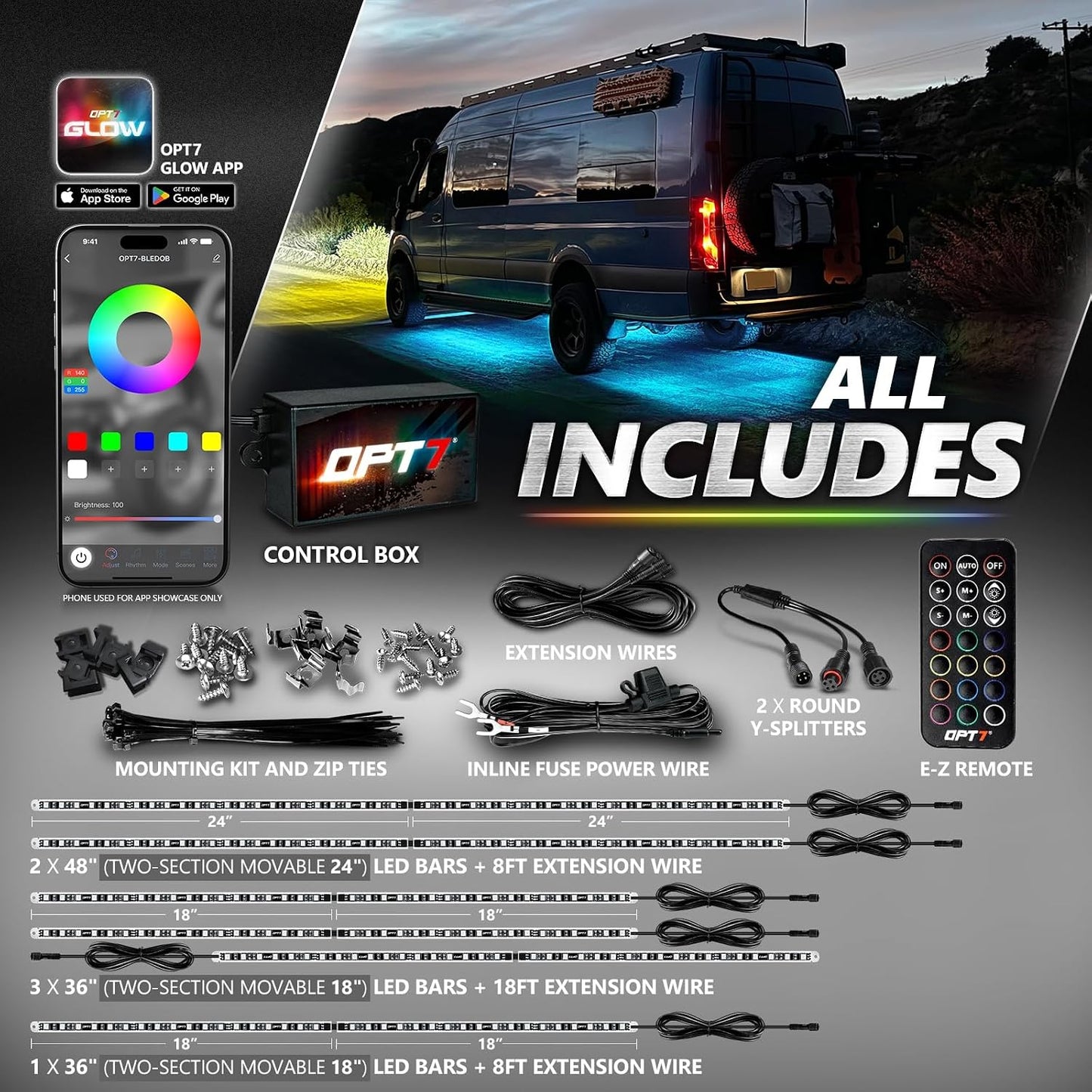 OPT7 Aura Pro RGB Aluminum RV Underglow Lights with App & Remote Control | Multicolor Music Sync Lighting, Exterior Accent Kit for Motorhome, Outdoor Camper Accessories, 12V Waterproof Rigid LED Bar