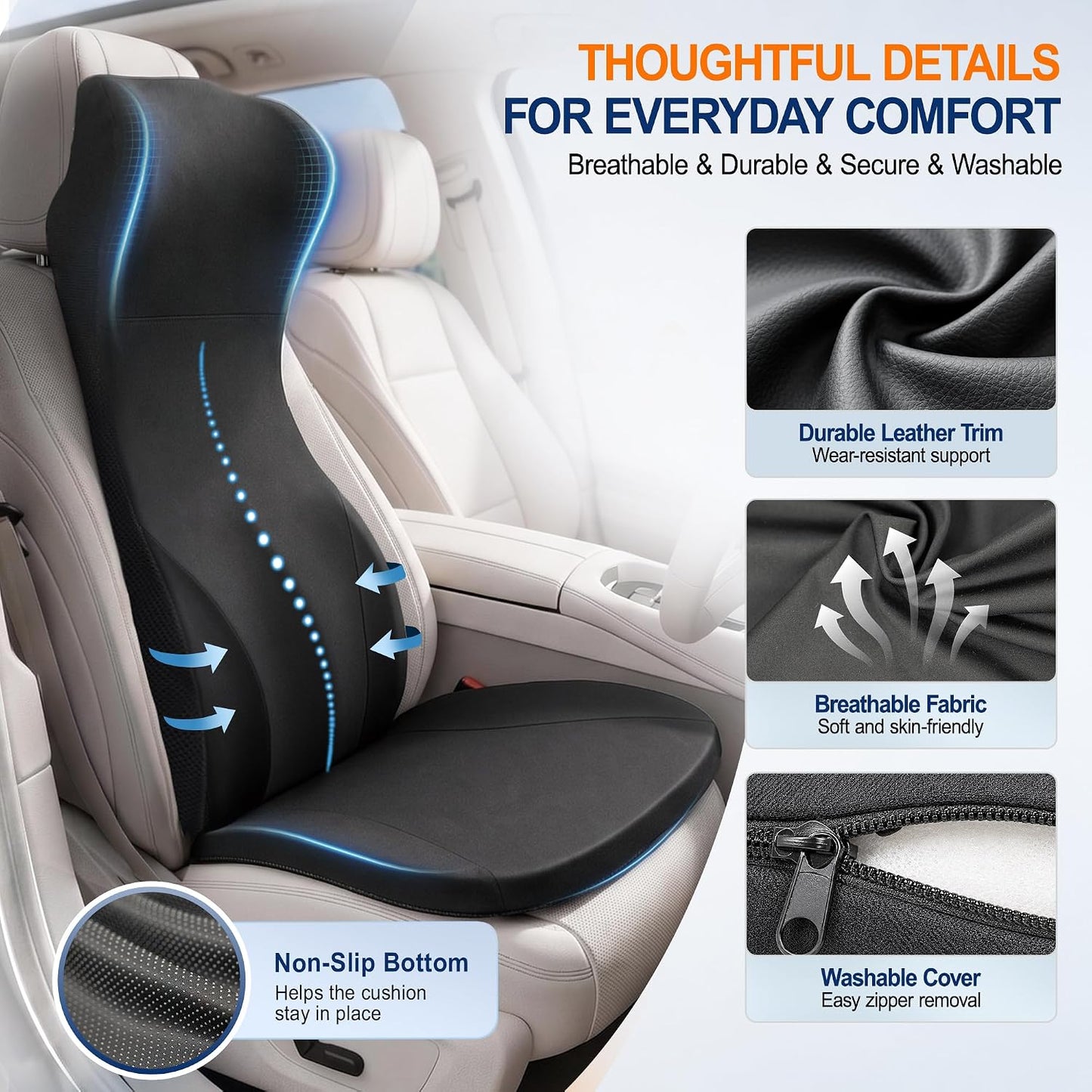 Allaboutsla 2 Piece Car Seat Cushion, Back Support with Car Headrest Pillow | 3-in-1 Memory Foam Car Seat Cushions, Car Lumbar Support with Car Neck Pillow, Seat Support for Long Driving, Trucks, Black