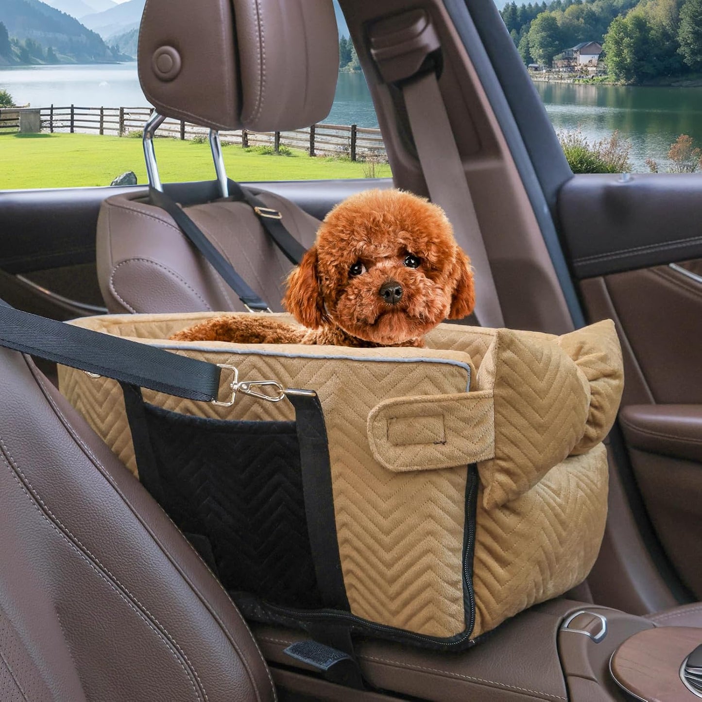 Dog Car Seat for Small Dogs, Portable Center Console Dog Car Seat, Pet Booster Seats with Safety Belt and Soft Cushion, Pet CarSeat for Dogs and Cats Under 15 lbs,Black