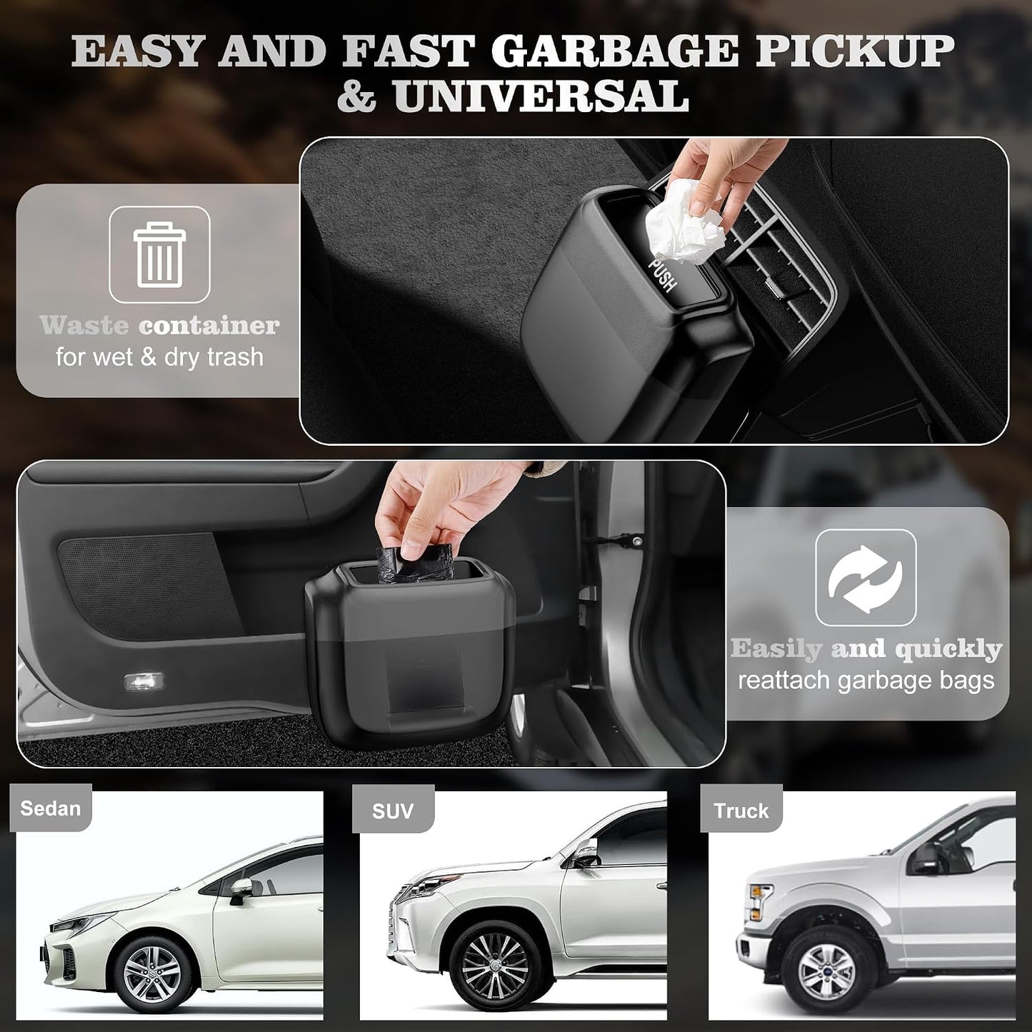 2 Packs Car Trash Can with Lid,Built-in Storage Garbage Bag,Leakproof Vehicle Trash,Car Accessories for Interior,Mini Garbage Bin for Automotive, Office, Kitchen,Bedroom,with 60pcs Trash Bags