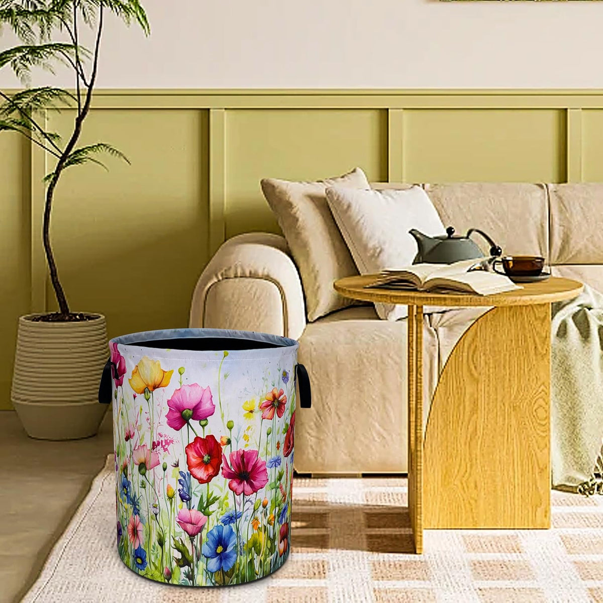 Colorful Flowers Print Laundry Basket Foldable Waterproof 18.9 x 16.5 Inch