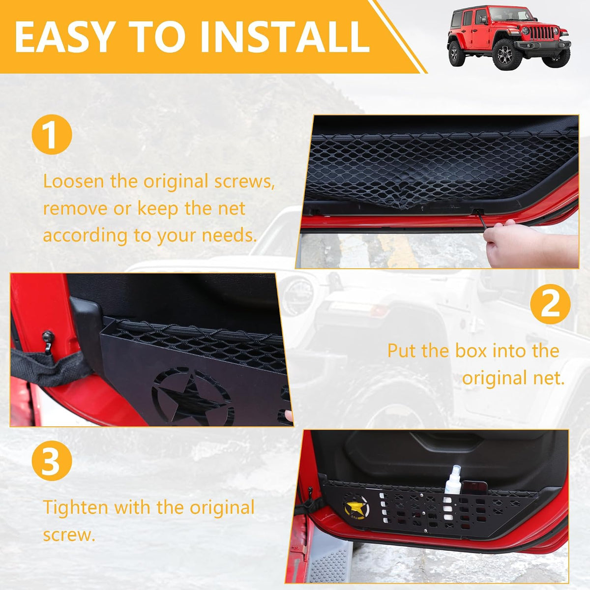 Front Door Storage Pockets Side Insert Organizer Box Compatible with 2018-2024 2025 Jeep Wrangler JL 2/4 Door 4XE Gladiator JT Interior Accessories Cup Holder Expansion Tray 1Pair Metal Star