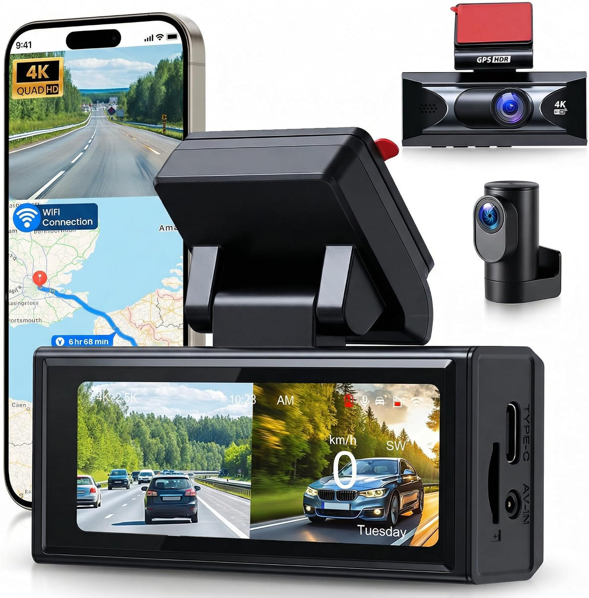 Hodozzy 4 Channel Dash Cam 360° View Front and Inside Rear, 3 Inch 1080P Full HD Dash Camera for Car with 5G WiFi & App, Night Vision, Parking Mode, G-Sensor, Loop Recording