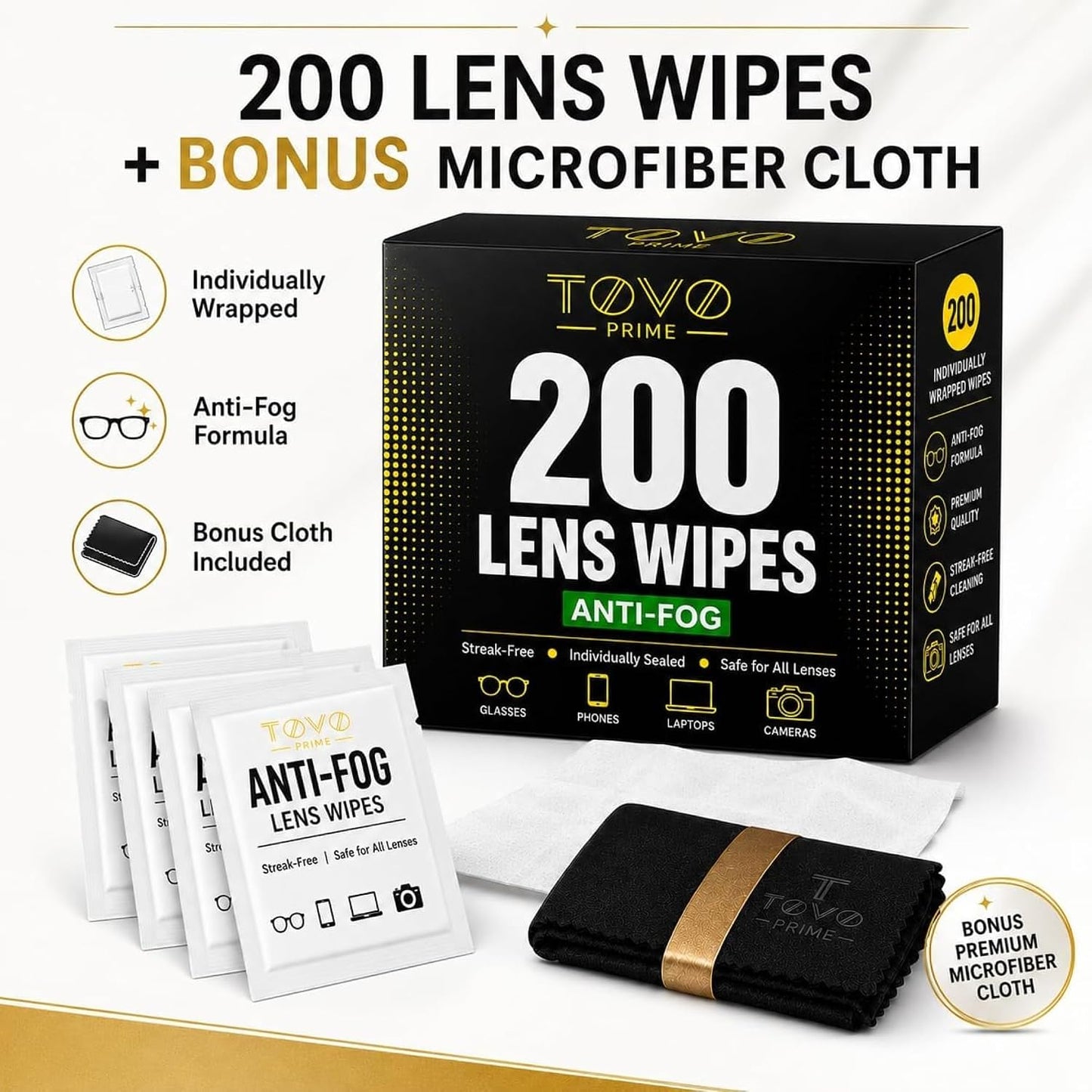 Lens Wipes for Eyeglasses, 200 Count Eye Glasses Cleaner Wipes, Pre-Moistened Individually Wrapped Glasses Cleaner Wipes, Anti Fog Streak-Free Lens Cleaning Wipes for Sunglasses & Screens