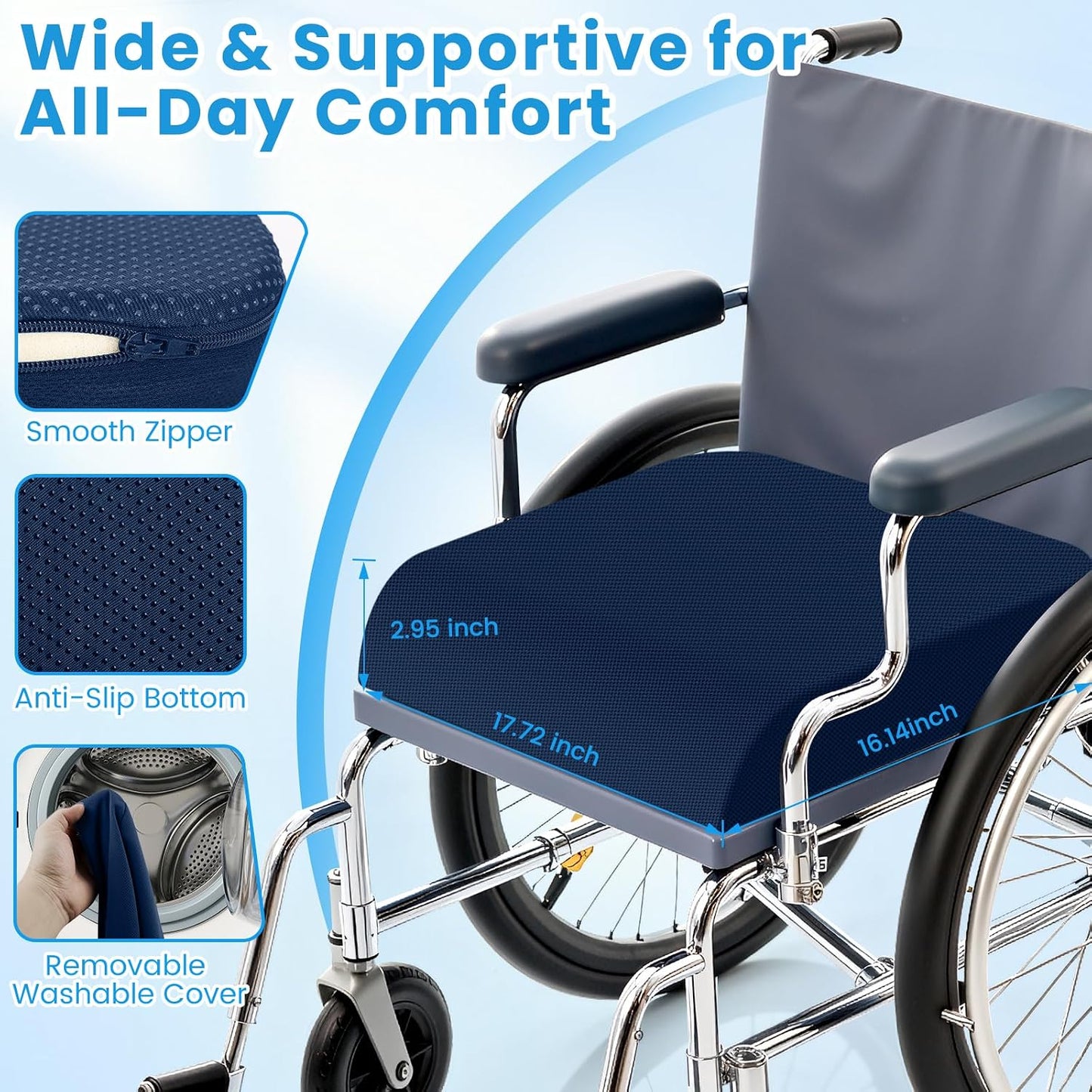 Wheelchair Seat Cushion - Cooling Gel & Memory Foam Office Chair Cushion with Non-Slip Bottom & Washable Cover, Ergonomic Car Seat Pillow for Sciatica, Tailbone, Back Comfort (Navy Blue)