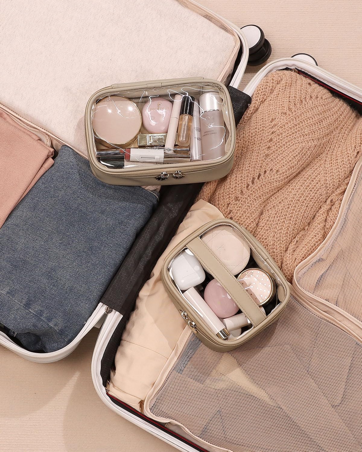 Pocmimut Makeup Bag,Small Makeup Pouch Clear Travel Cosmetic Bag Car Accessories Storage for Women,Travel Essentials Organizers,Apricot