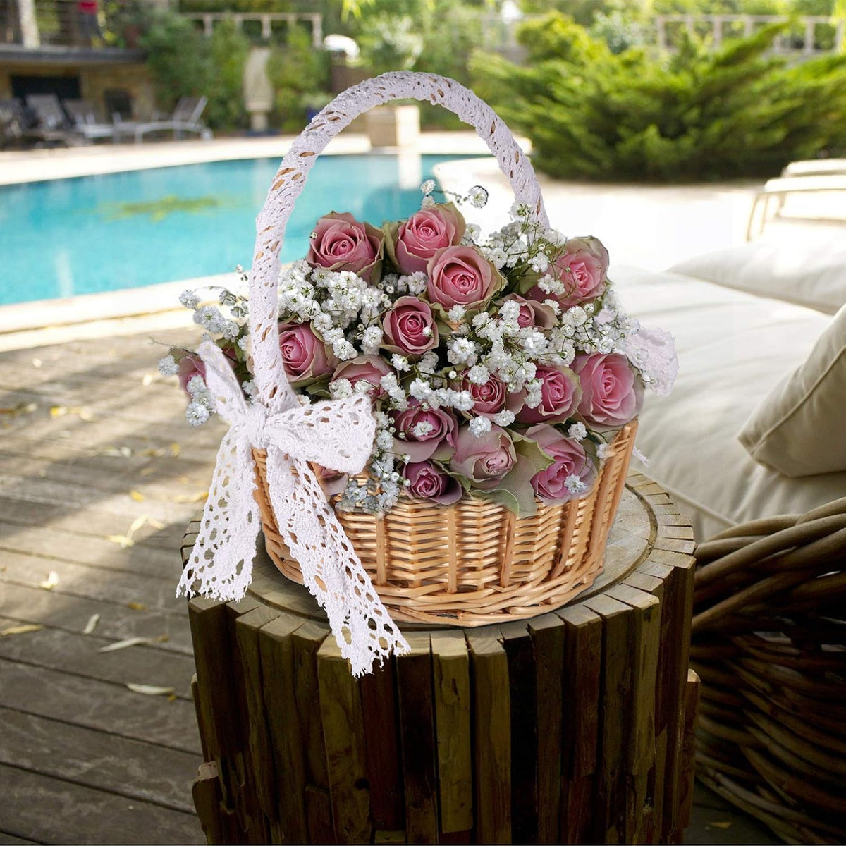 Cabilock 11.02-Inch Portable Woven Basket Braided Jacquard Basket with Lace Handle Desktop Flower for Home Organization Flower Girl Ceremony Sundries Storage