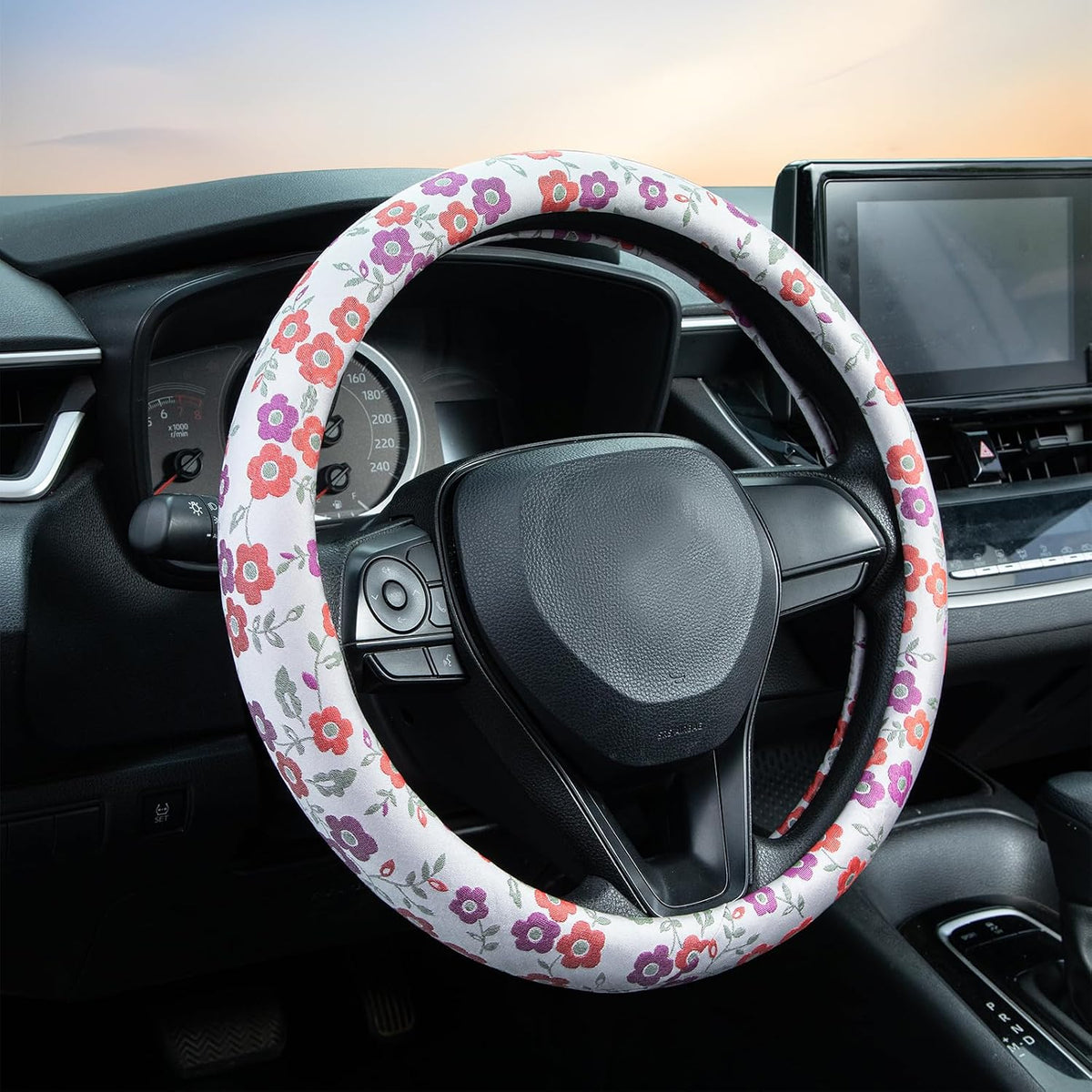 Beige Spherical Flowers Steering Wheel Cover Auto Embroidery Steering Wheel Protector, Anti-Slip, Breathable, Absorbing Sweat, Universal Car Accessories 14.5–15 inch,Fit for Most Car, Trucks, SUV
