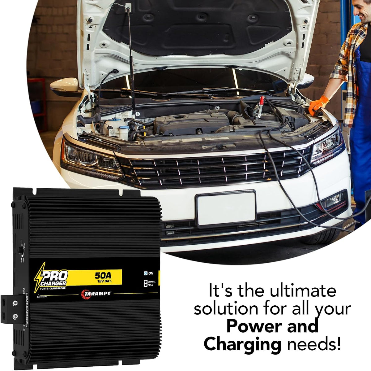 Taramps PRO Charger 50A 12V Battery Charger & Power Supply Adjustable 12V-14.4V Output, Automatic 110V/220V Input, Car Audio Power Supply with Thermal Protection & LED Indicators
