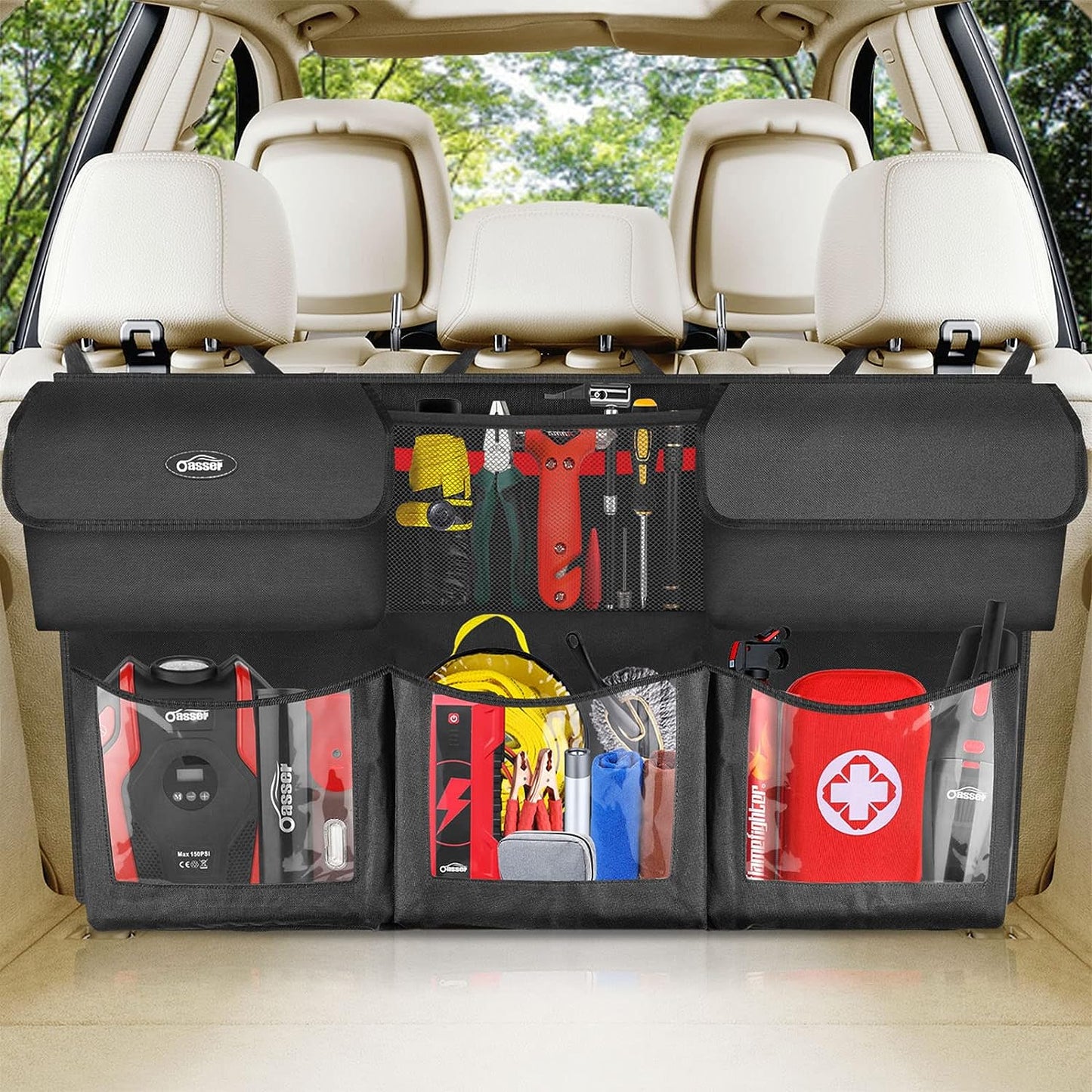 Oasser Car Storage Organizer New Version, Hanging Trunk Organizer with 10 Different Functional Storage Bags for SUV Truck MPV VAN