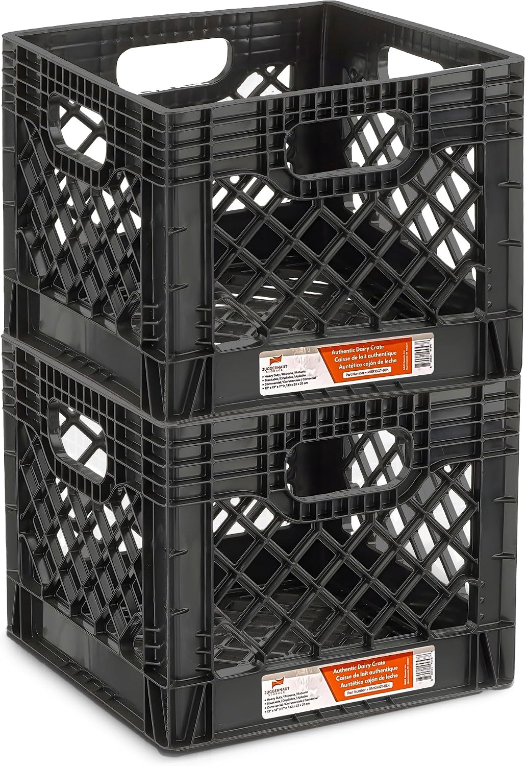 Juggernaut Storage 2-Pack Stackable Heavy Duty Milk Crates with Handles, 16 Qt, Black - Organizing Plastic Crate Basket for Grocery Shopping, Home Supplies, and Bathroom Accessories